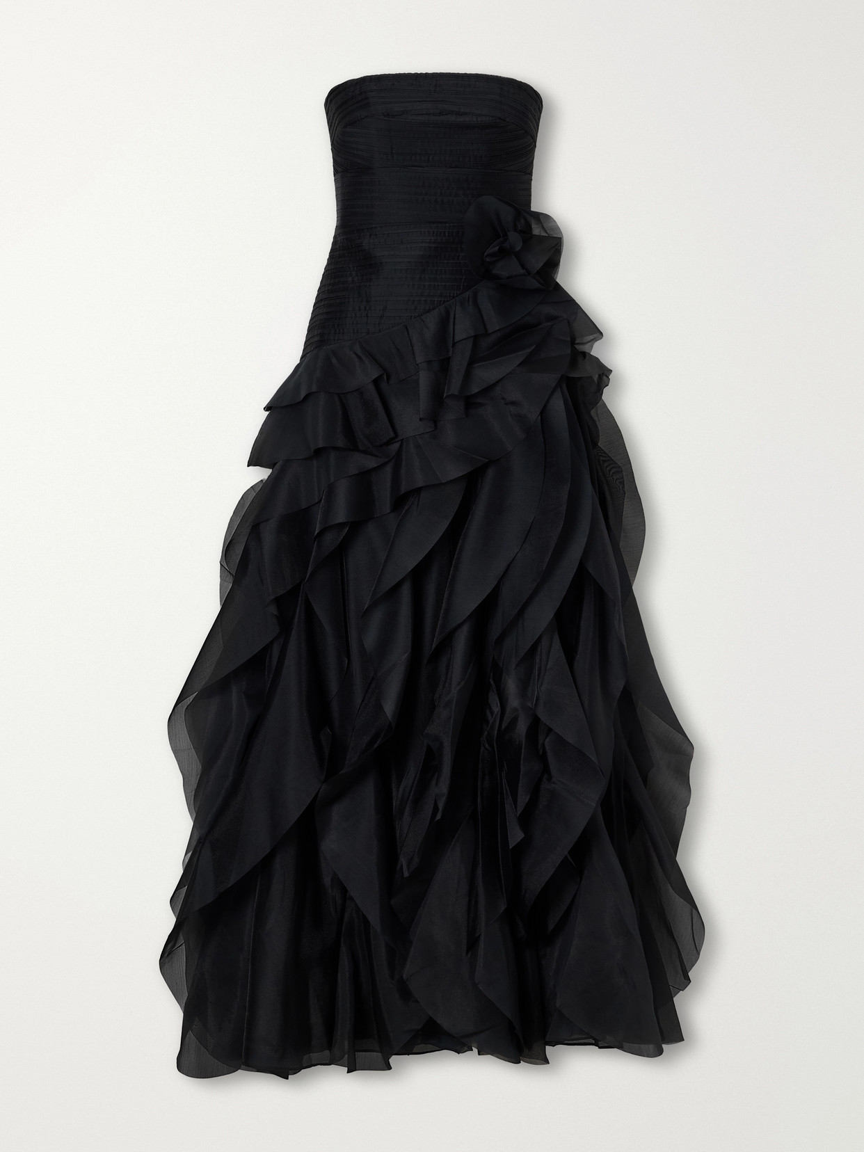 Aje Canyon Strapless Appliquéd Ruffled Plissé Chiffon Gown In Black