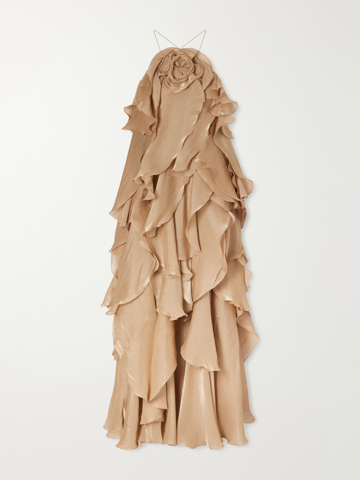 Aje Marlo Floral-appliquéd Ruffled Layered Chiffon Gown In Gold