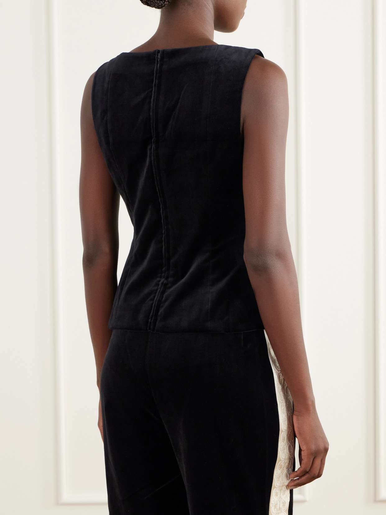 Florian Embroidered Satin-Trimmed Cotton-Velvet Top