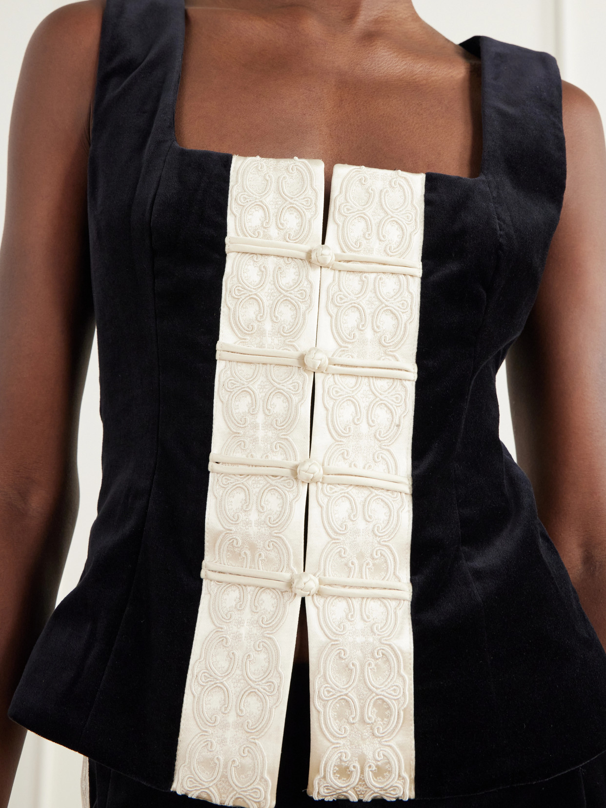 Florian Embroidered Satin-Trimmed Cotton-Velvet Top