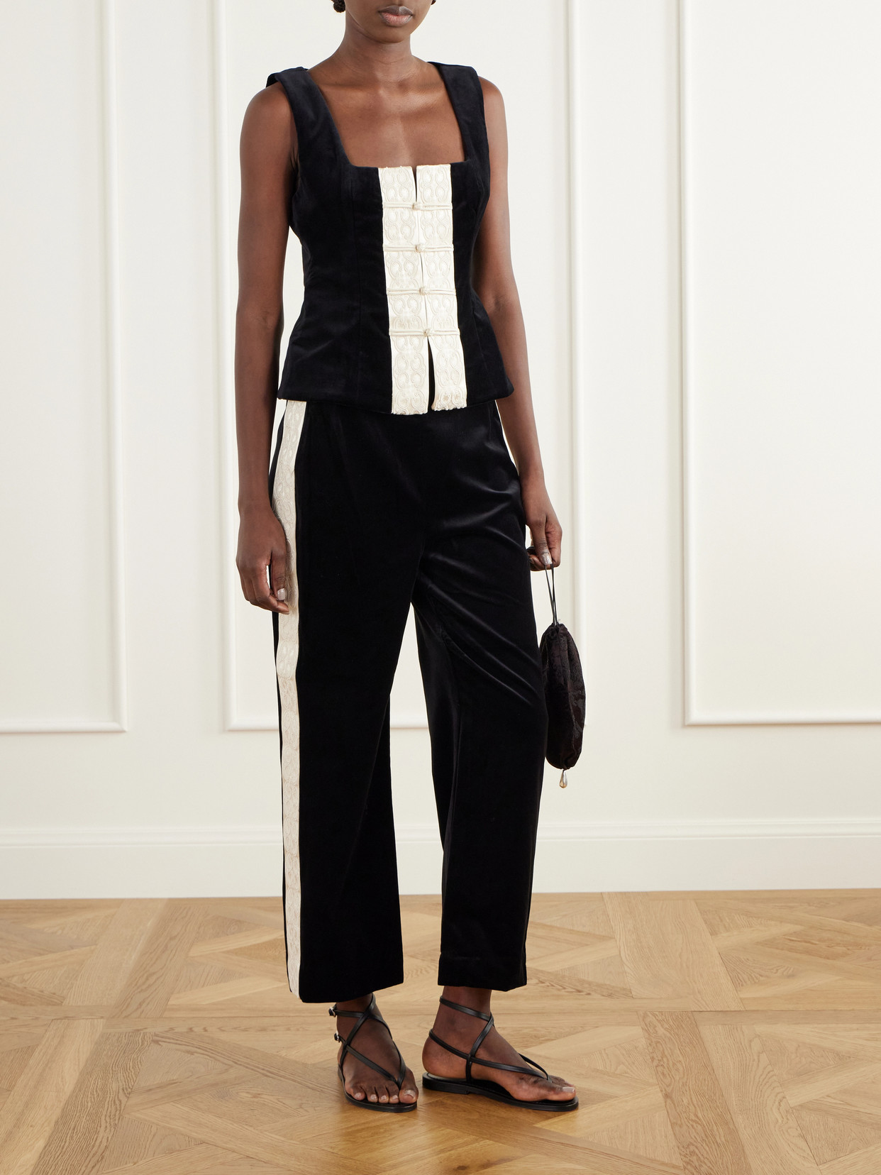 Florian Embroidered Satin-Trimmed Cotton-Velvet Top