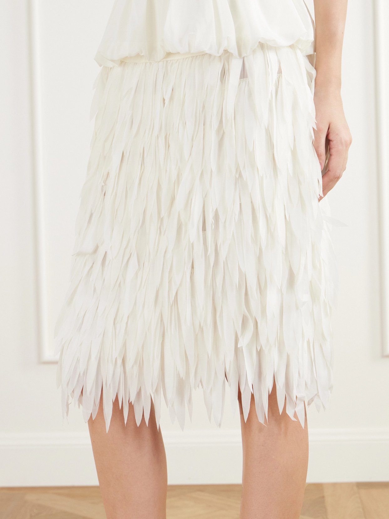 Rib-Trimmed Fringed Chiffon Midi