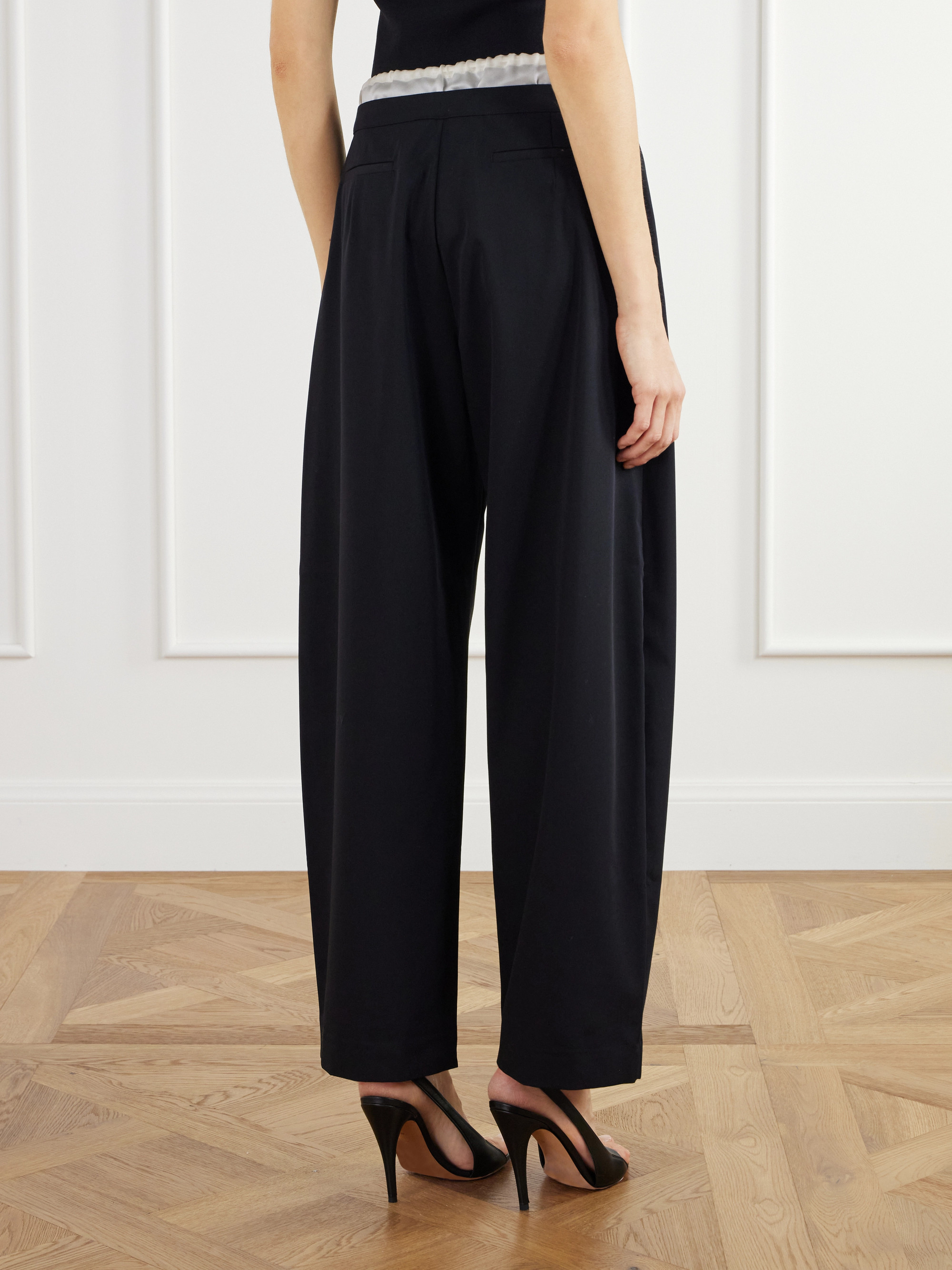 St. Agni Satin-trimmed wool-twill barrel-leg pants