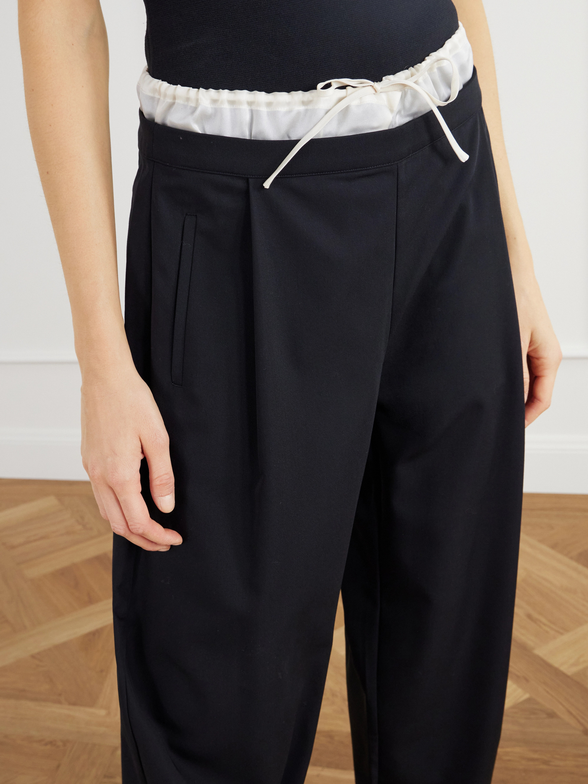 St. Agni Satin-trimmed wool-twill barrel-leg pants