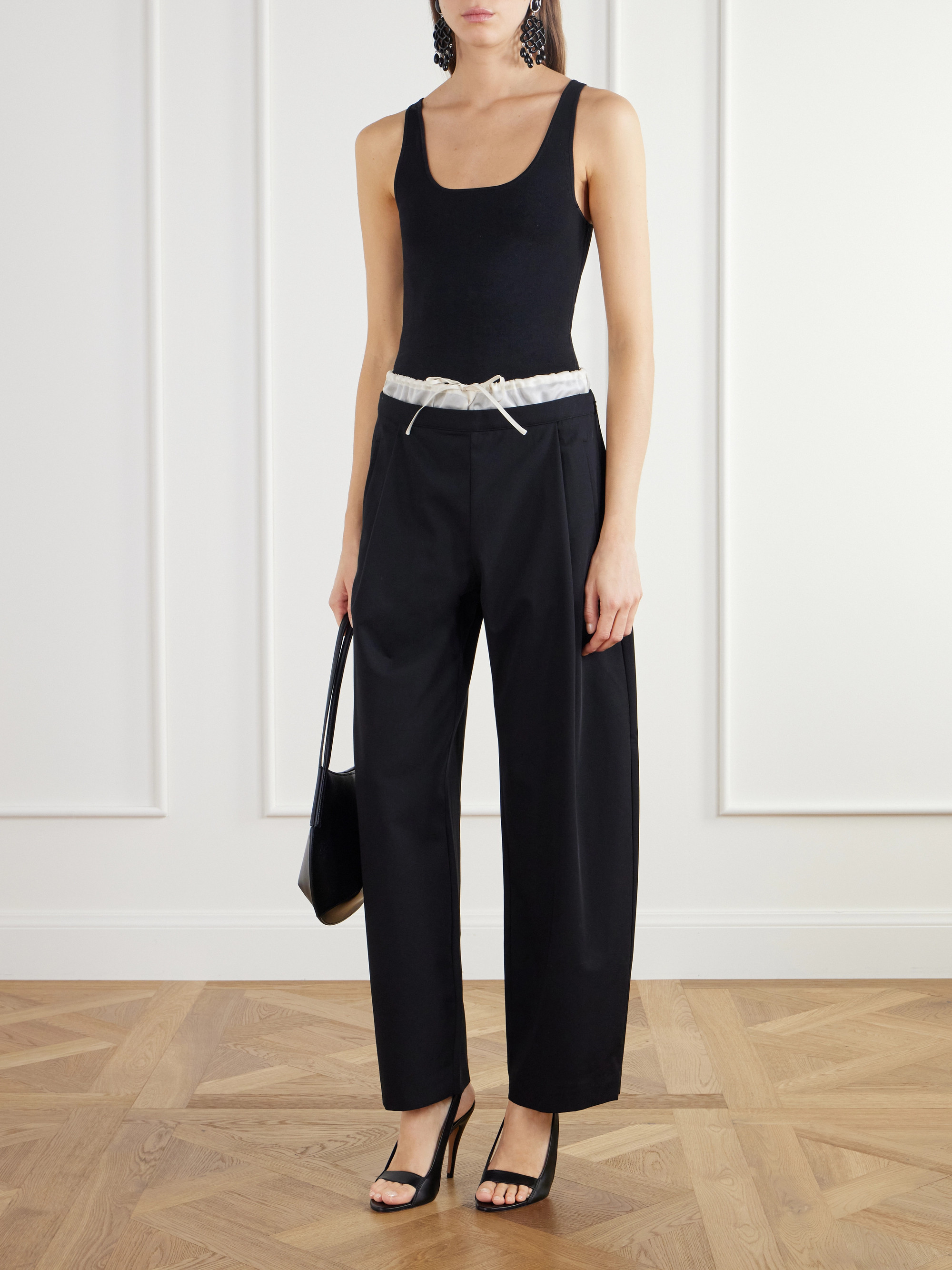 St. Agni Satin-trimmed wool-twill barrel-leg pants