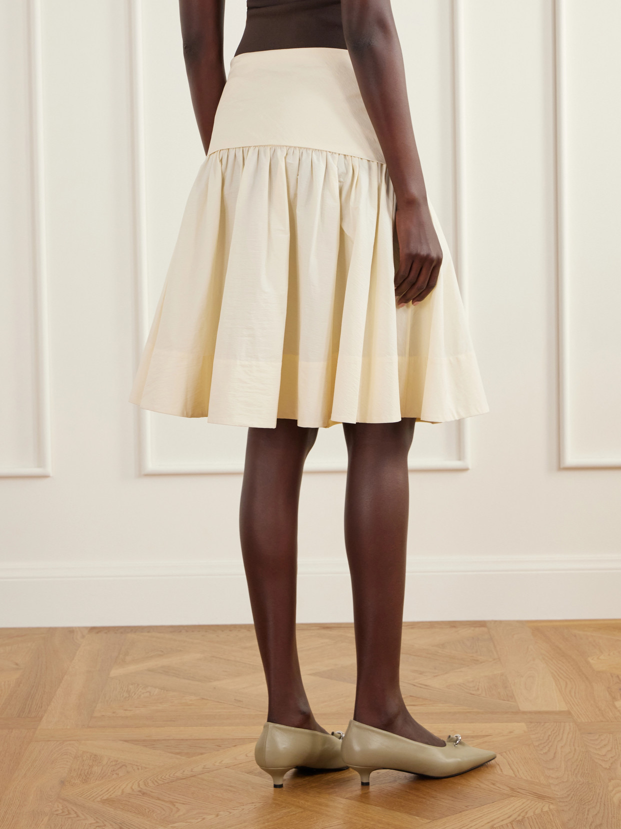 Gathered Cotton-Poplin Knee-Length Skirt