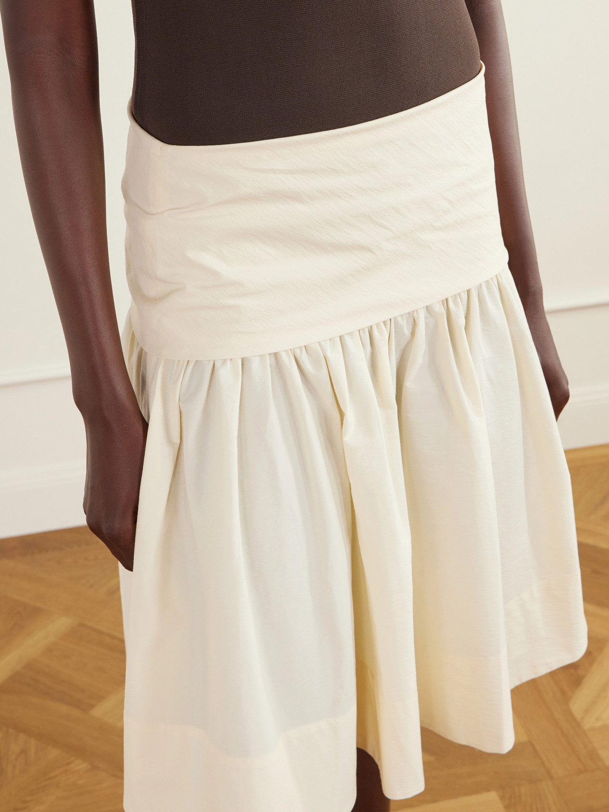 Gathered Cotton-Poplin Knee-Length Skirt
