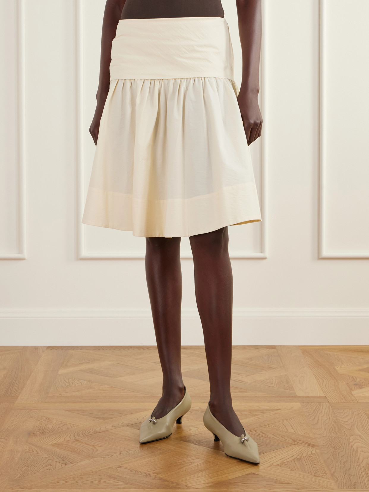 Gathered Cotton-Poplin Knee-Length Skirt