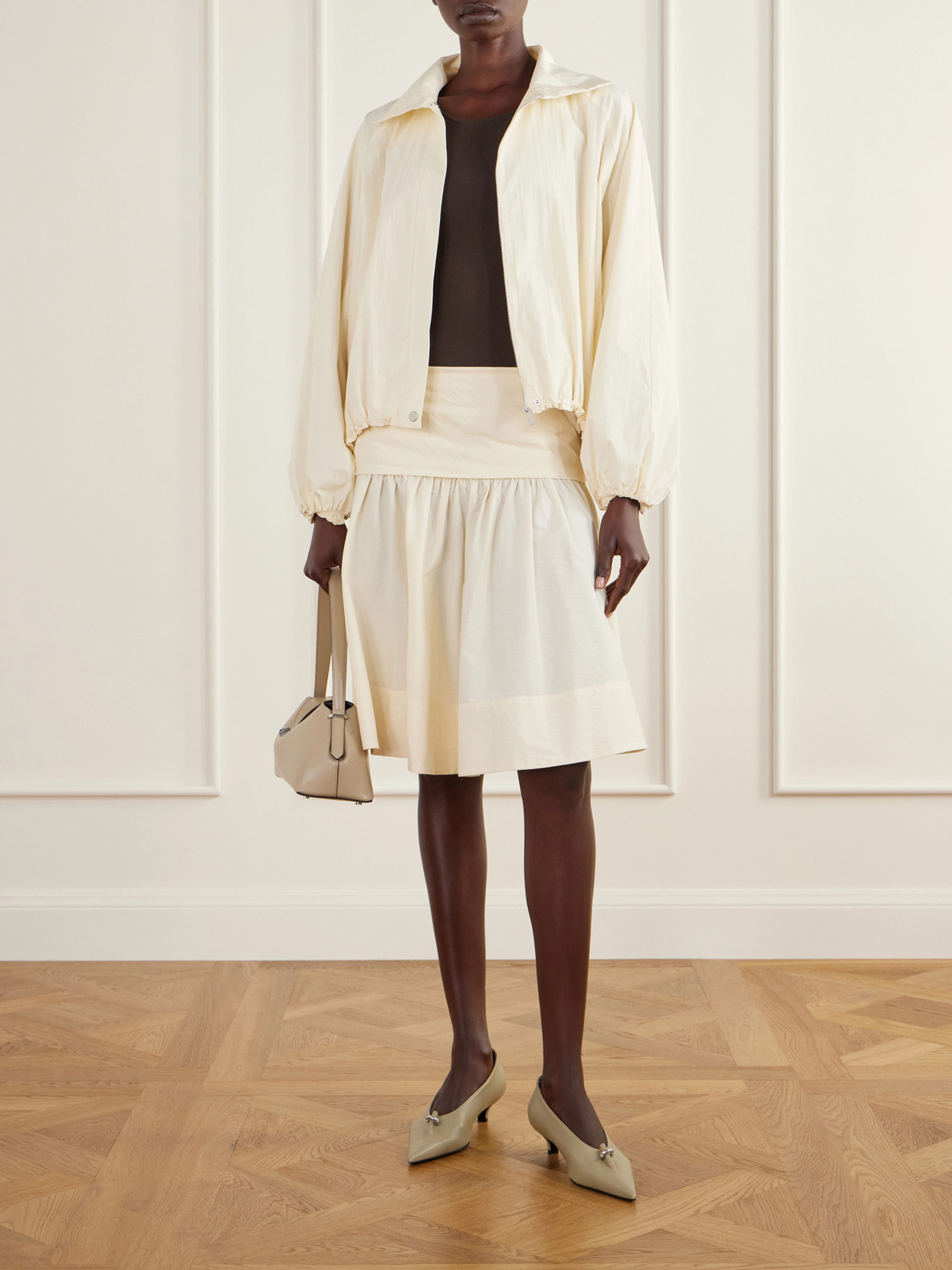 Gathered Cotton-Poplin Knee-Length Skirt