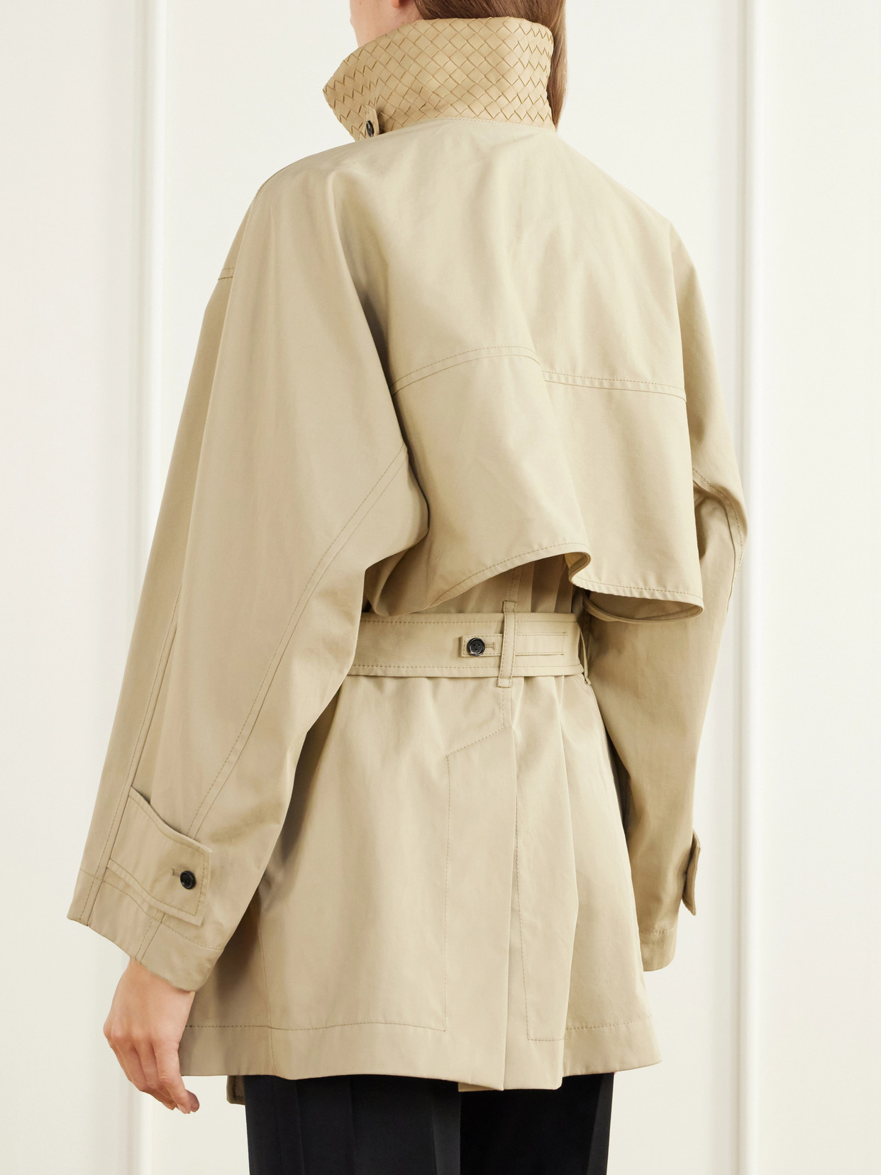 Belted Intrecciato Leather-Trimmed Cotton-Gabardine Trench Coat