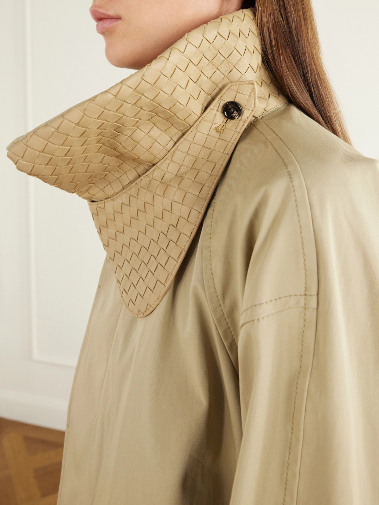 Belted Intrecciato Leather-Trimmed Cotton-Gabardine Trench Coat