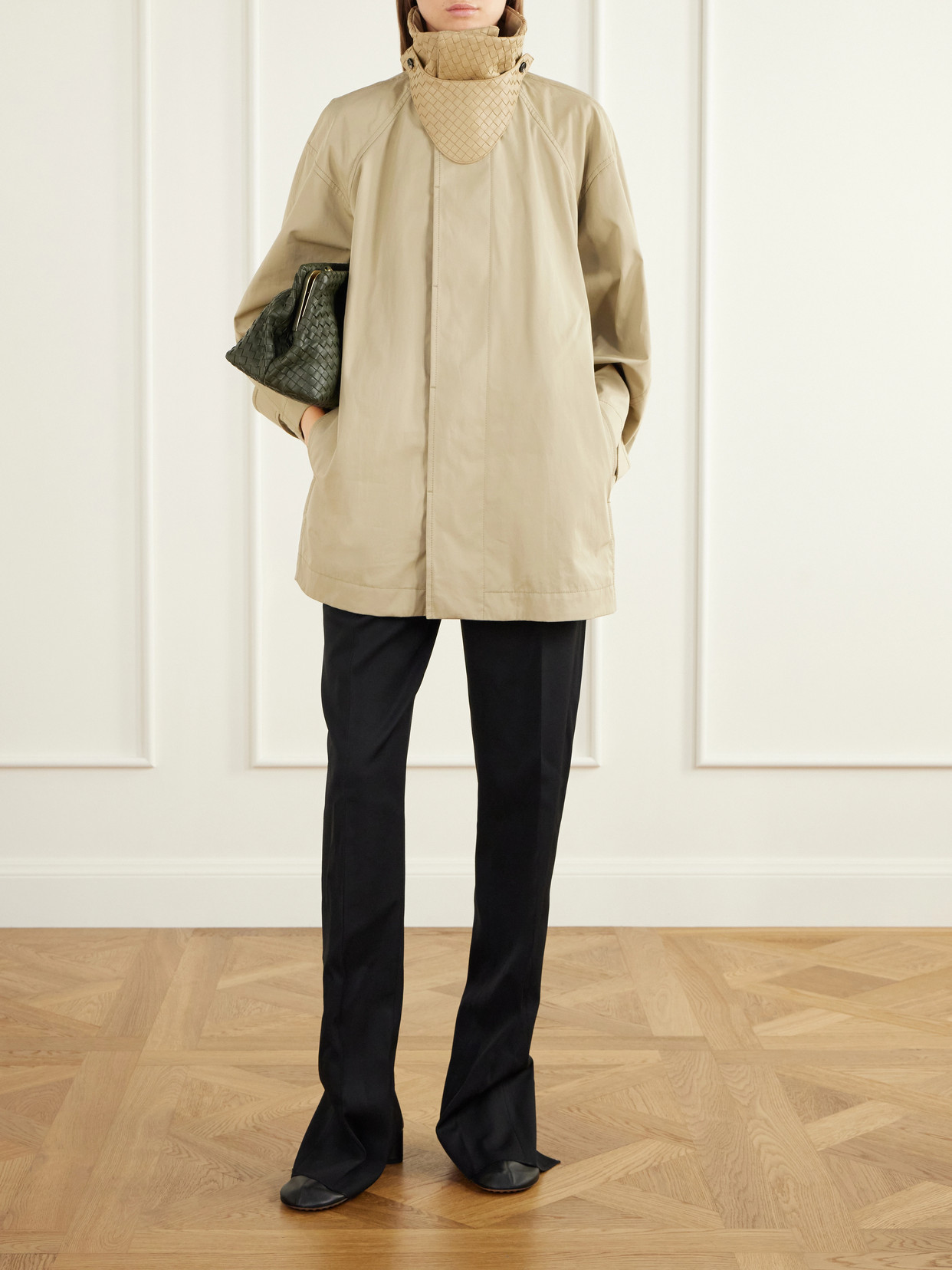 Belted Intrecciato Leather-Trimmed Cotton-Gabardine Trench Coat