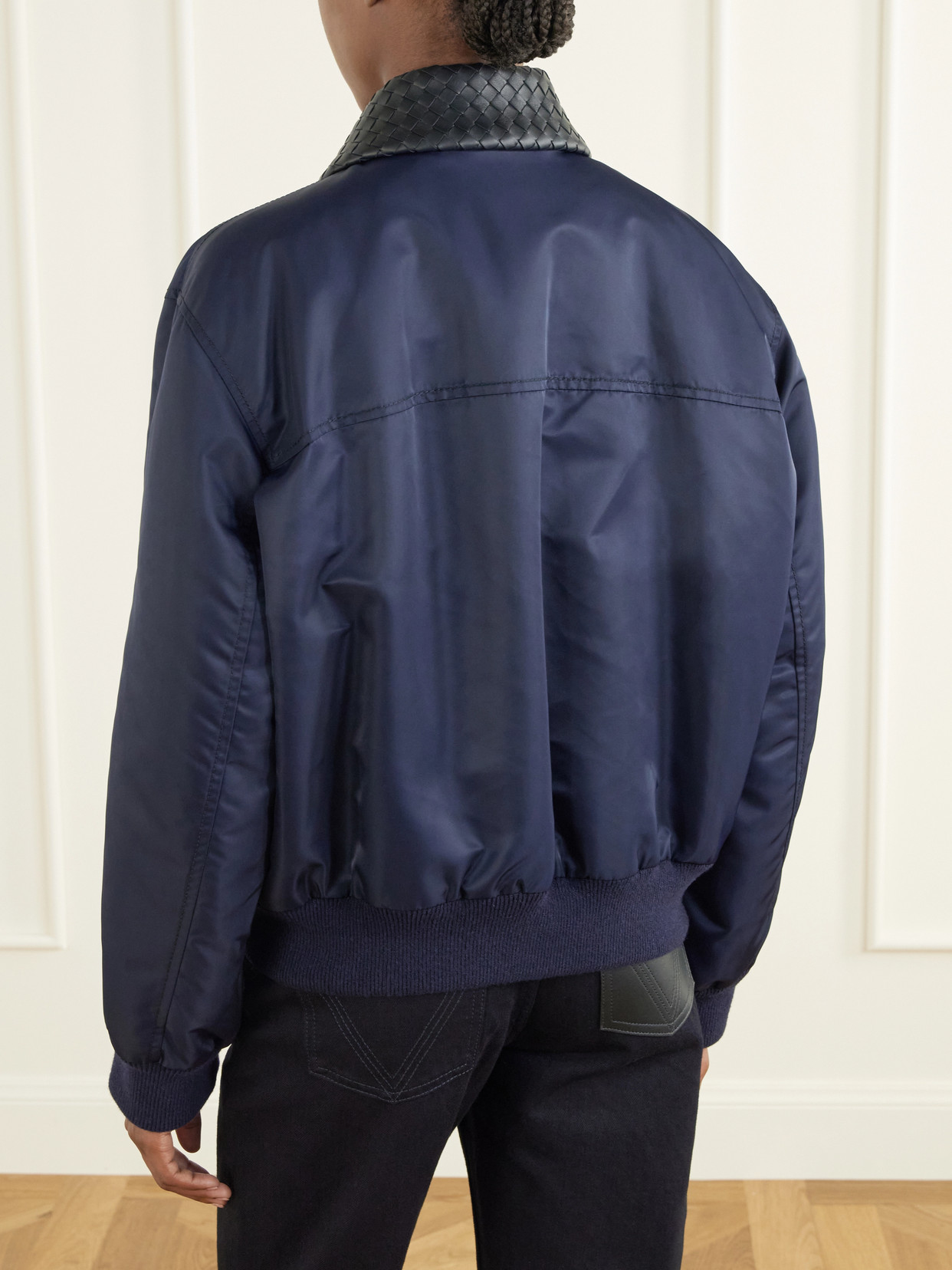 Intrecciato Leather-Trimmed Satin Blouson Jacket
