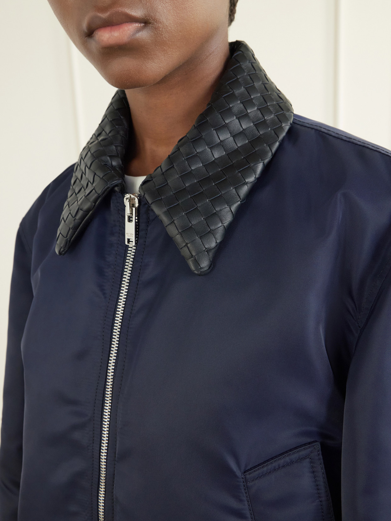 Intrecciato Leather-Trimmed Satin Blouson Jacket
