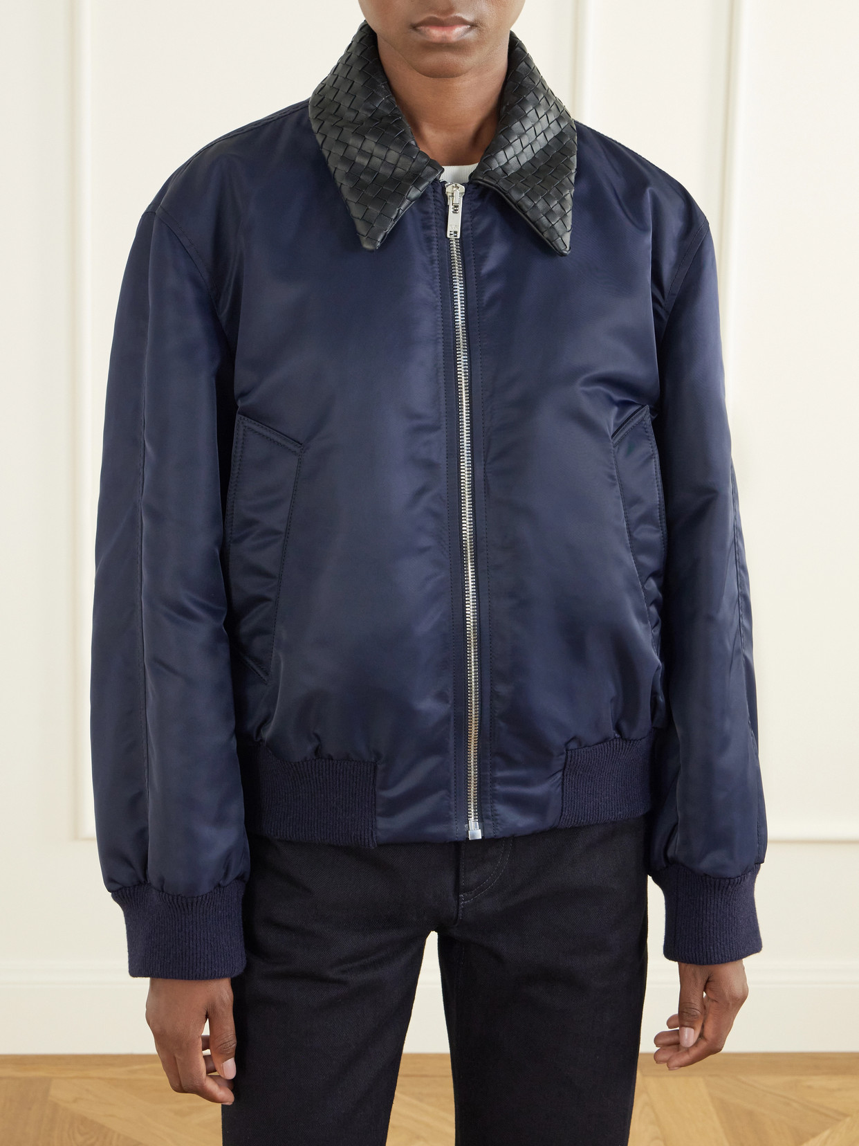 Intrecciato Leather-Trimmed Satin Blouson Jacket