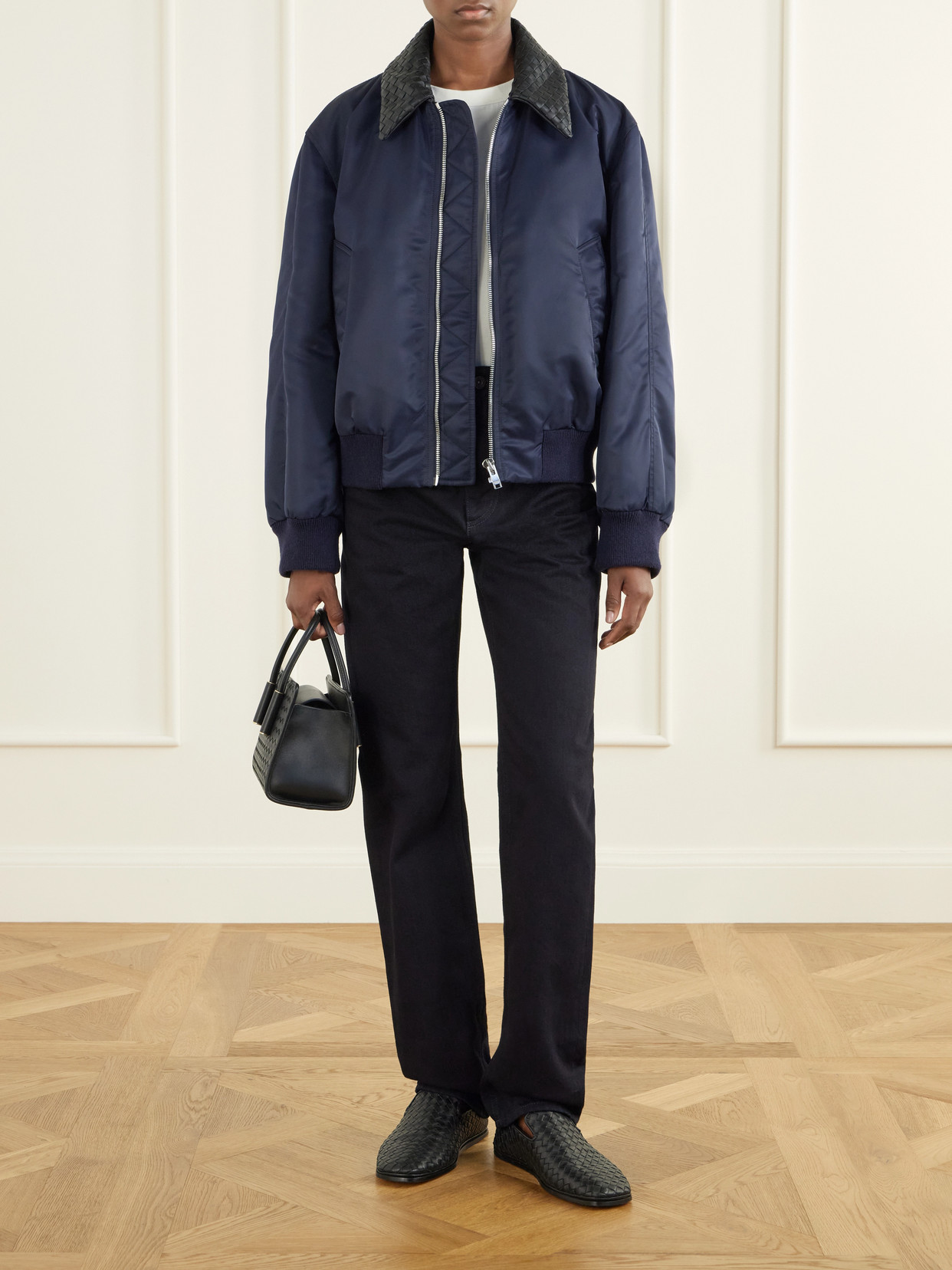 Intrecciato Leather-Trimmed Satin Blouson Jacket