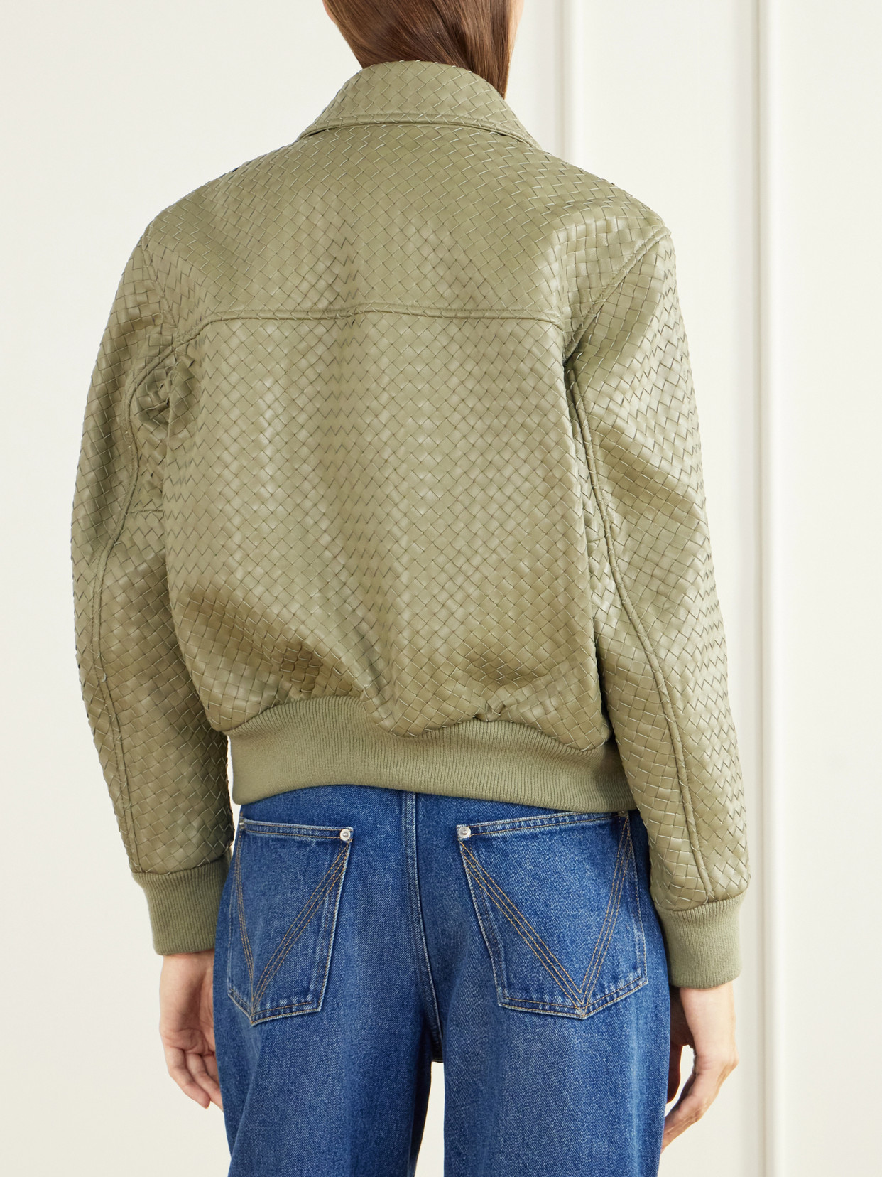 Rib-Trimmed Intrecciato Leather Blouson Jacket