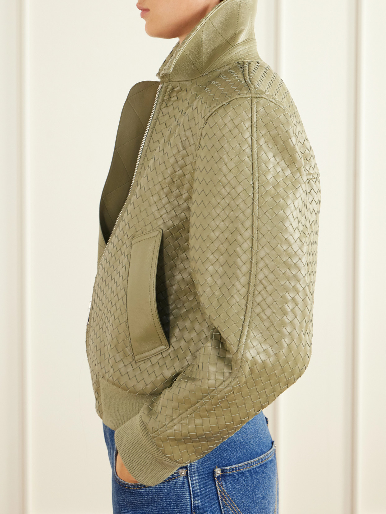Rib-Trimmed Intrecciato Leather Blouson Jacket