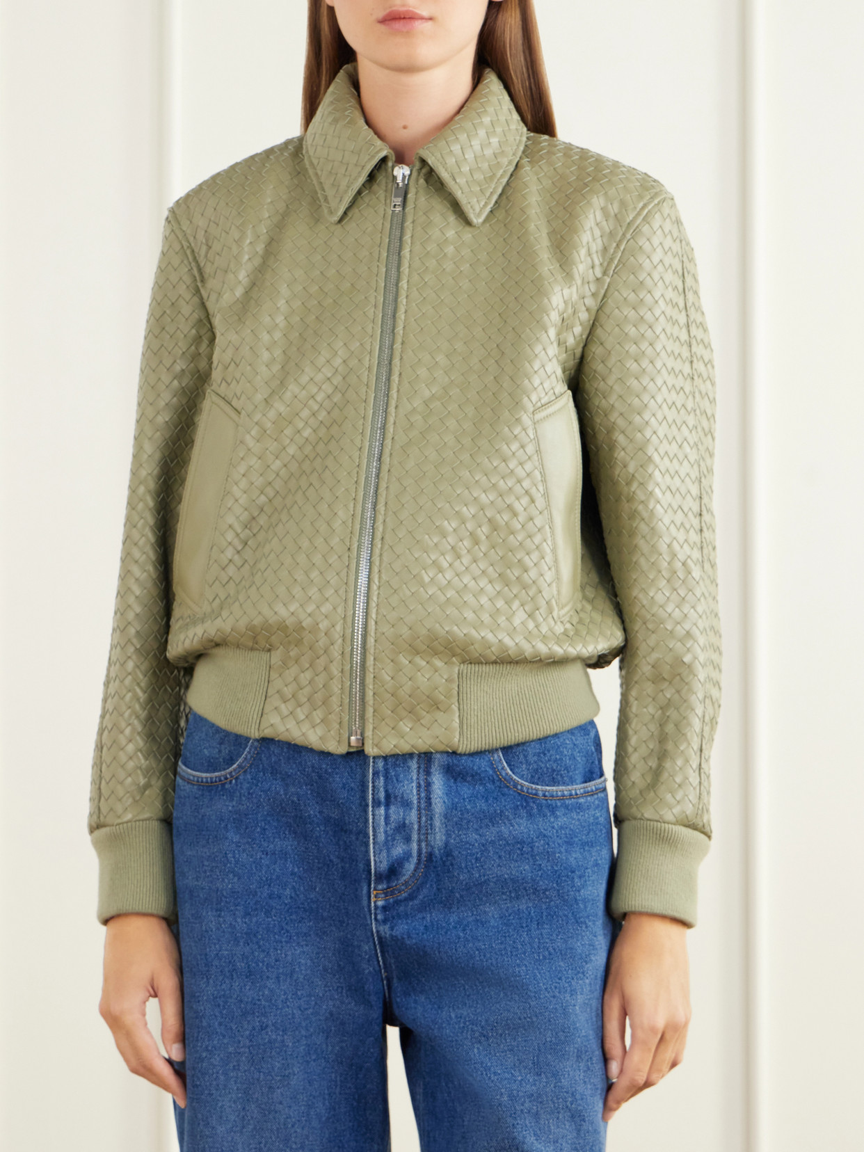 Rib-Trimmed Intrecciato Leather Blouson Jacket