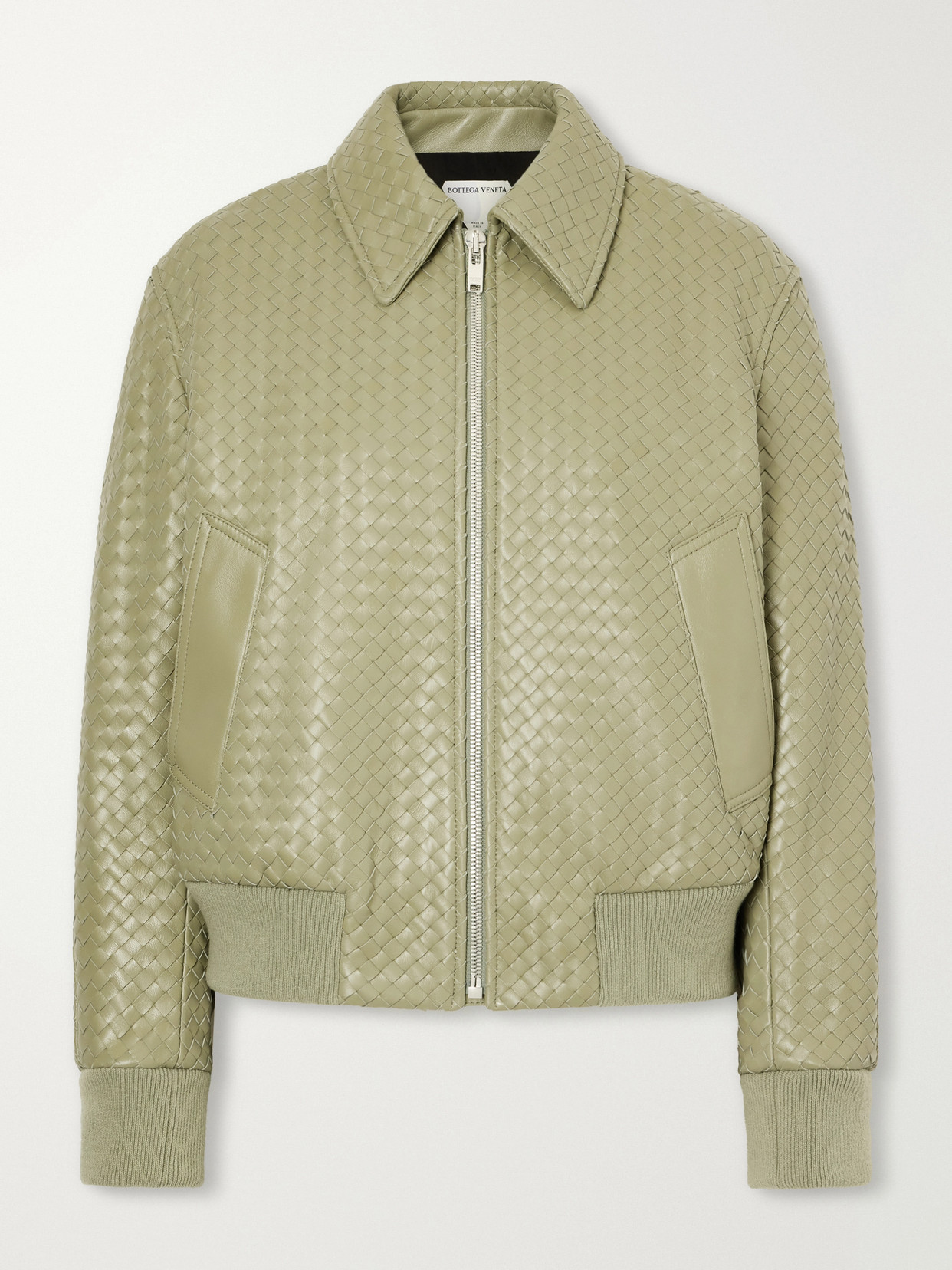 Rib-Trimmed Intrecciato Leather Blouson Jacket