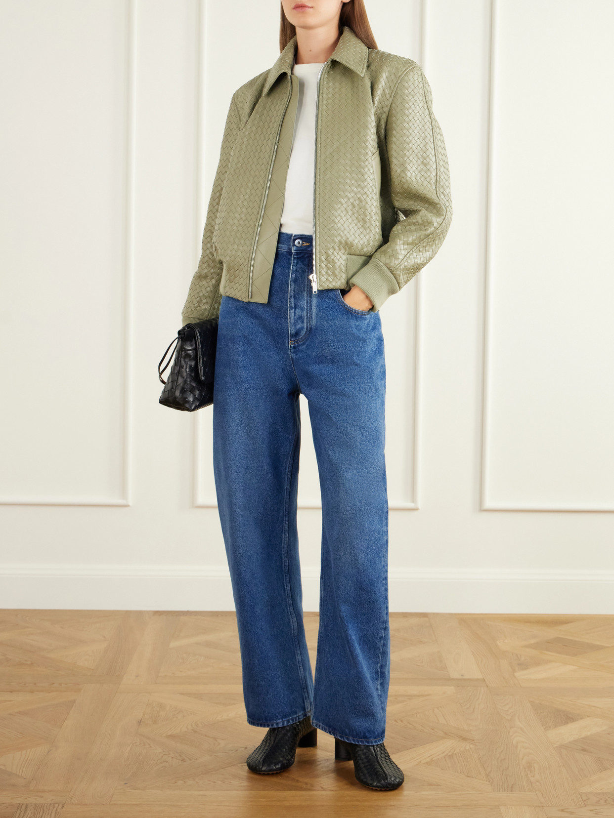 Rib-Trimmed Intrecciato Leather Blouson Jacket