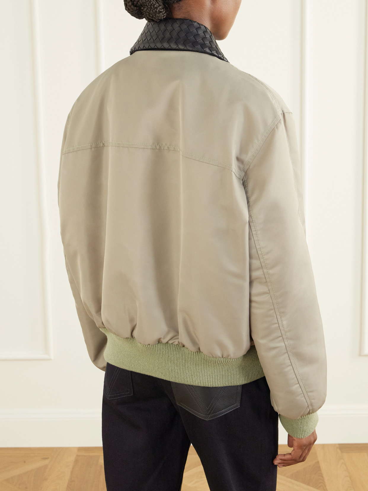 Intrecciato Leather-Trimmed Satin Blouson Jacket