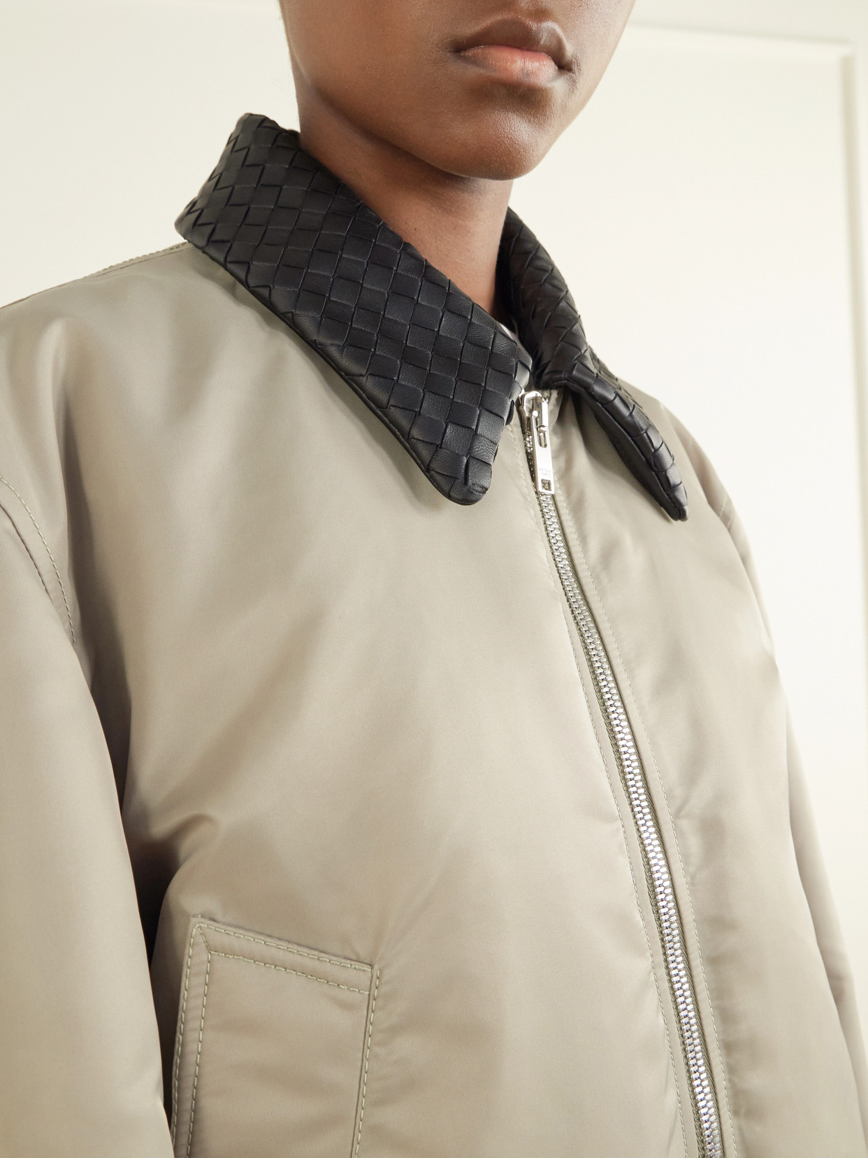 Intrecciato Leather-Trimmed Satin Blouson Jacket