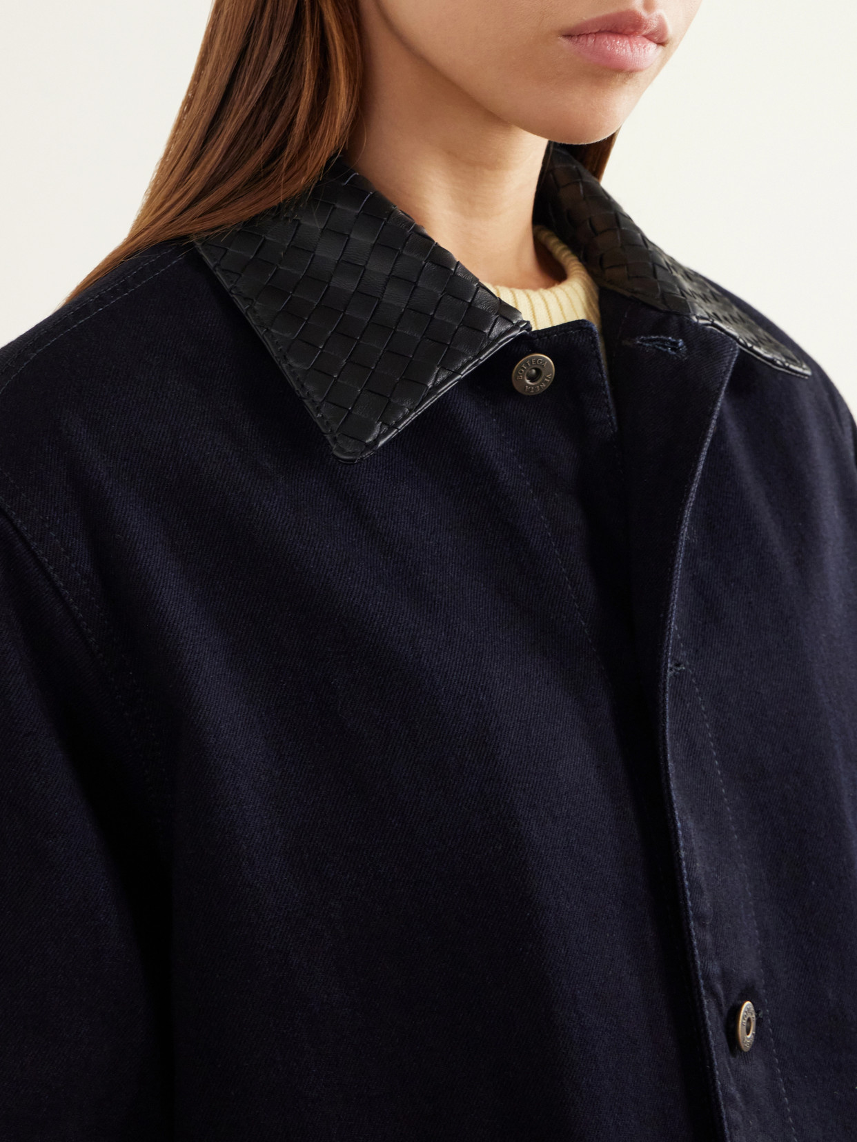 Intrecciato Leather-Trimmed Denim Jacket