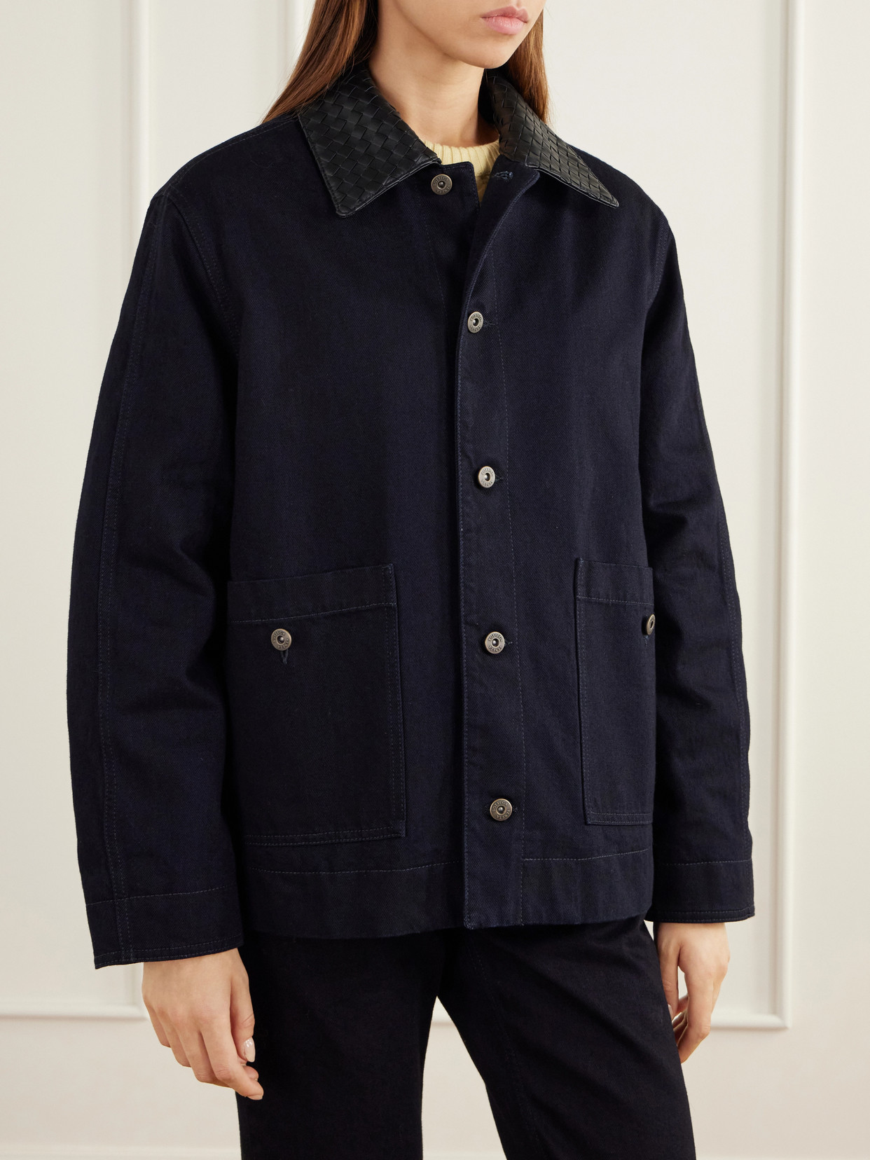 Intrecciato Leather-Trimmed Denim Jacket