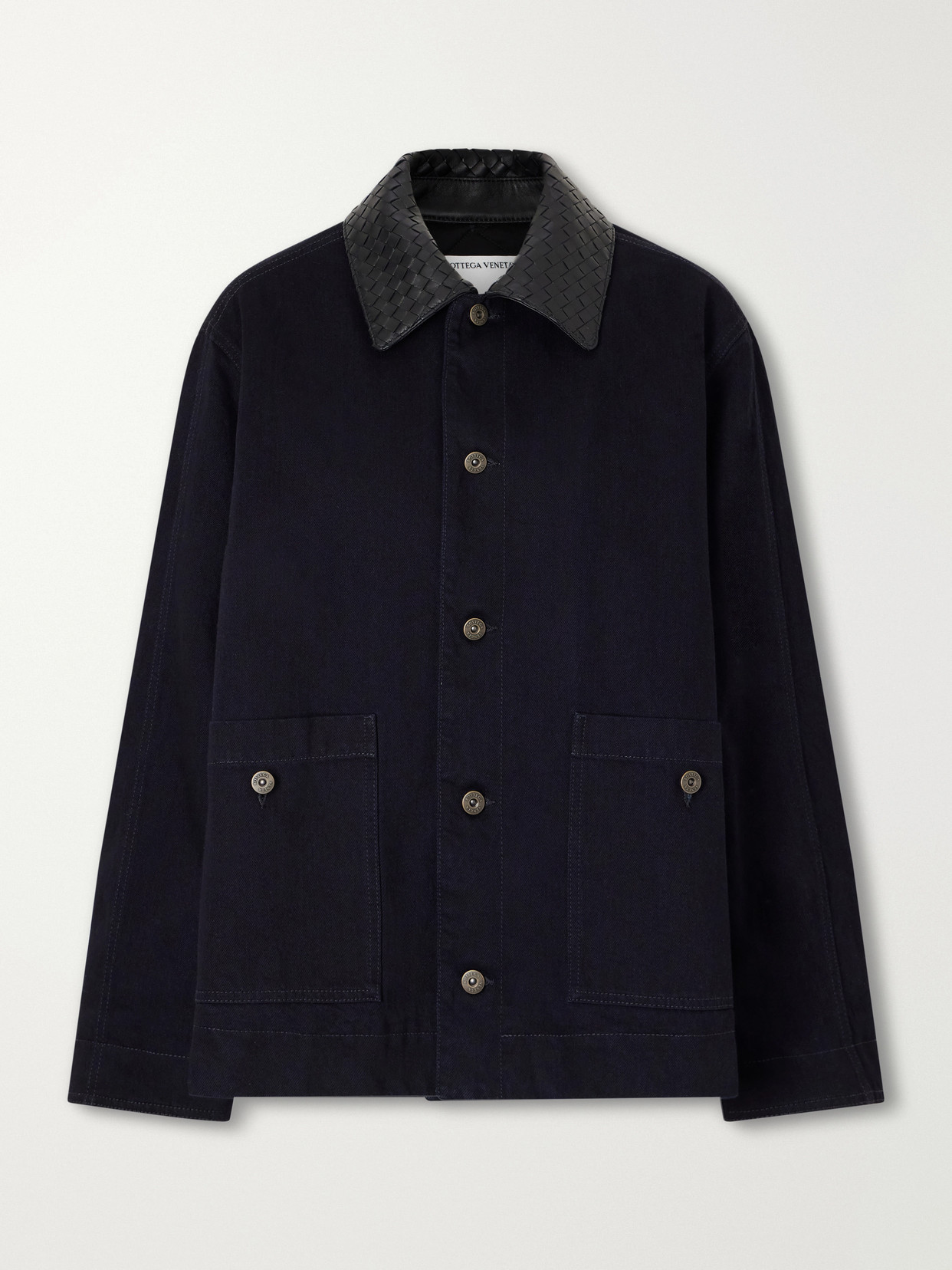 Intrecciato Leather-Trimmed Denim Jacket