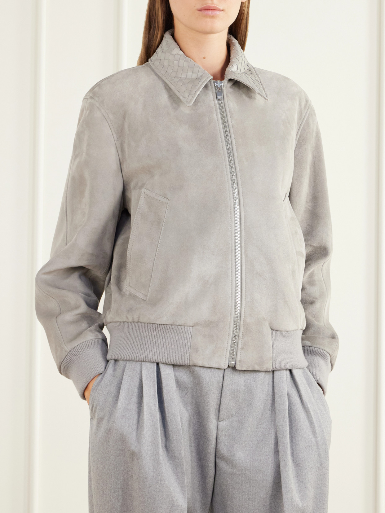 Intrecciato Leather-Trimmed Suede Blouson Jacket