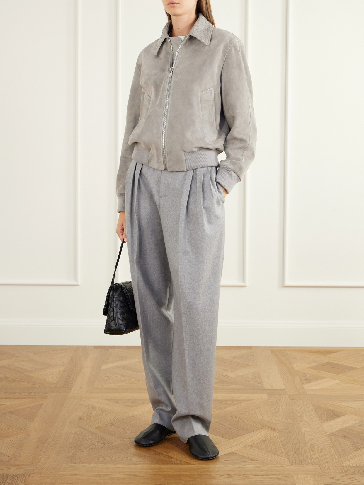 Intrecciato Leather-Trimmed Suede Blouson Jacket