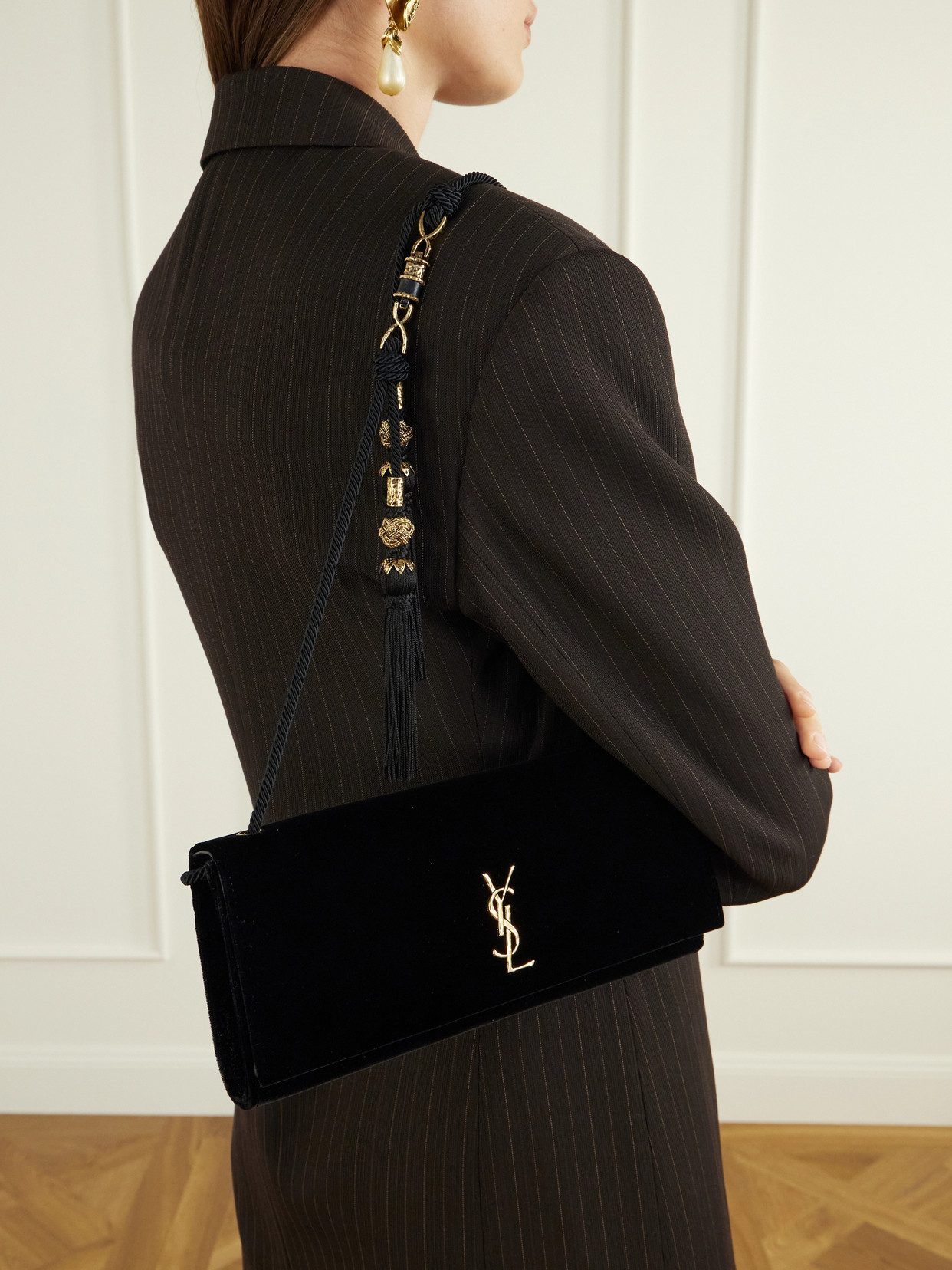 Kate Cassandre-Embellished Tasseled Velvet Shoulder Bag