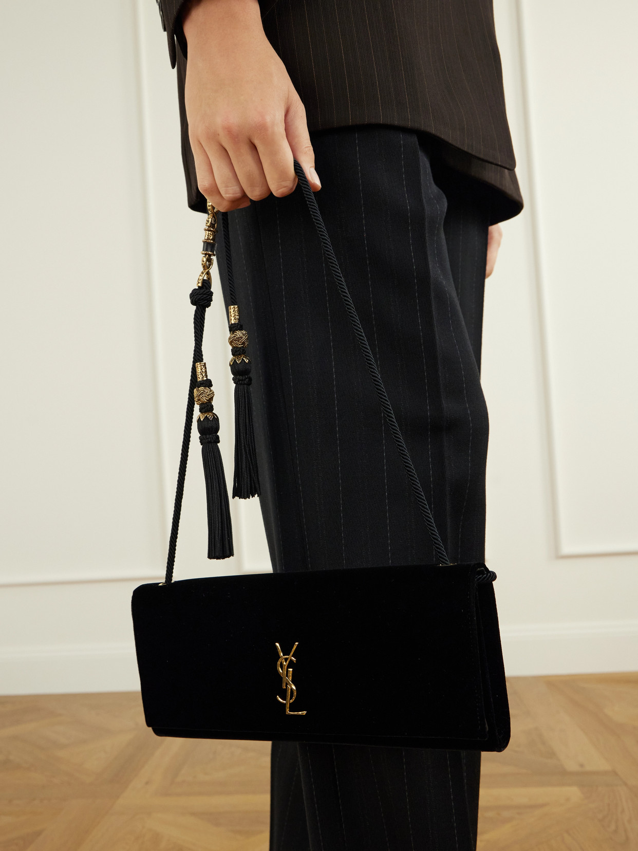 Kate Cassandre-Embellished Tasseled Velvet Shoulder Bag