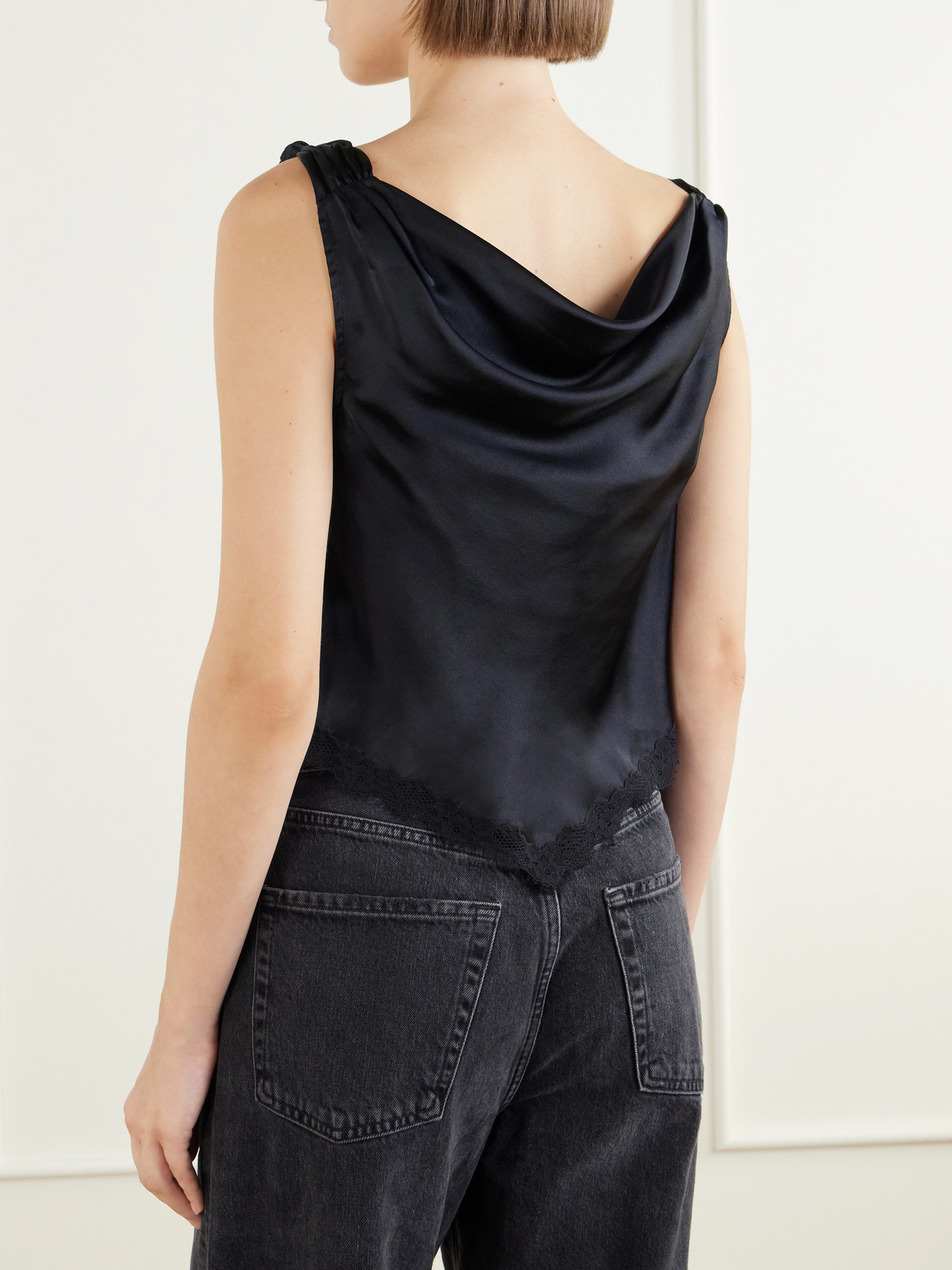 Dôen - Manon Gathered Lace-Trimmed Silk-Satin Top