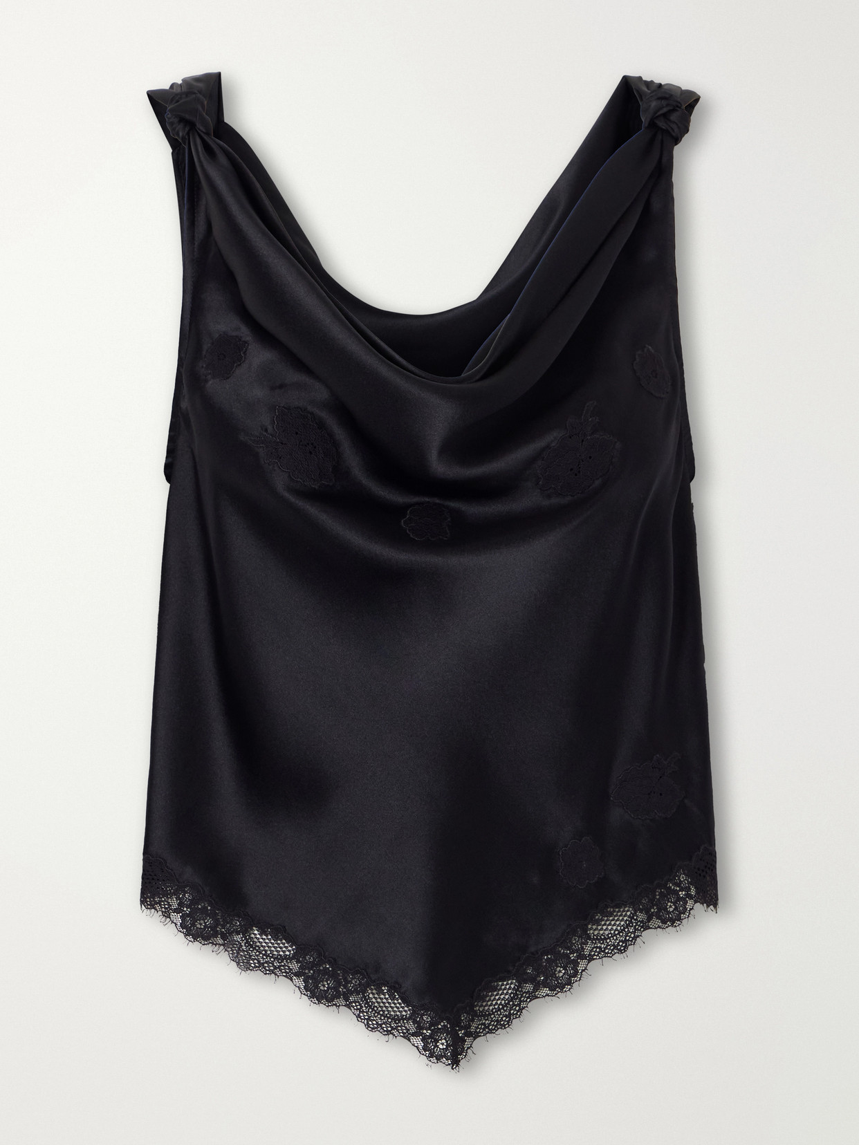 Doen Manon Gathered Lace-trimmed Silk-satin Top In Black