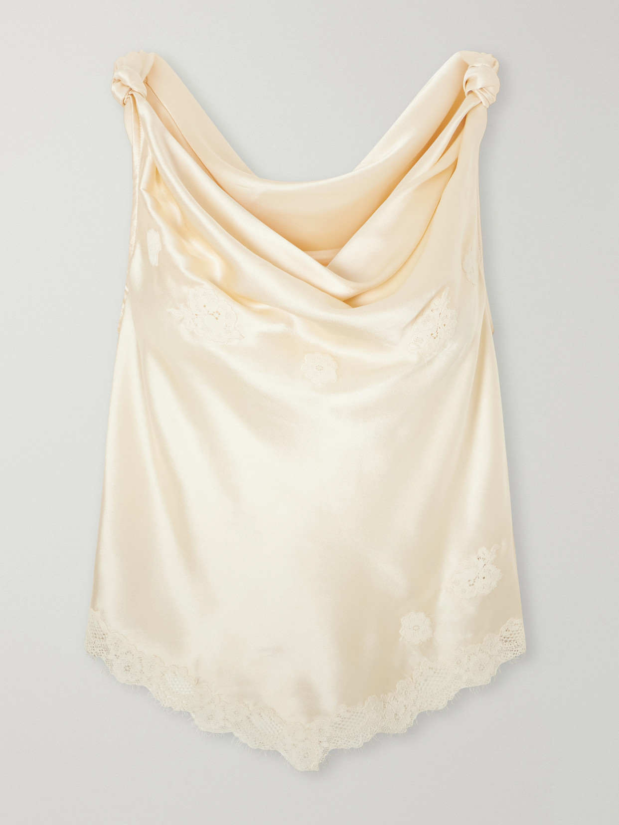 Doen Manon Gathered Lace-trimmed Silk-satin Top In Neutrals