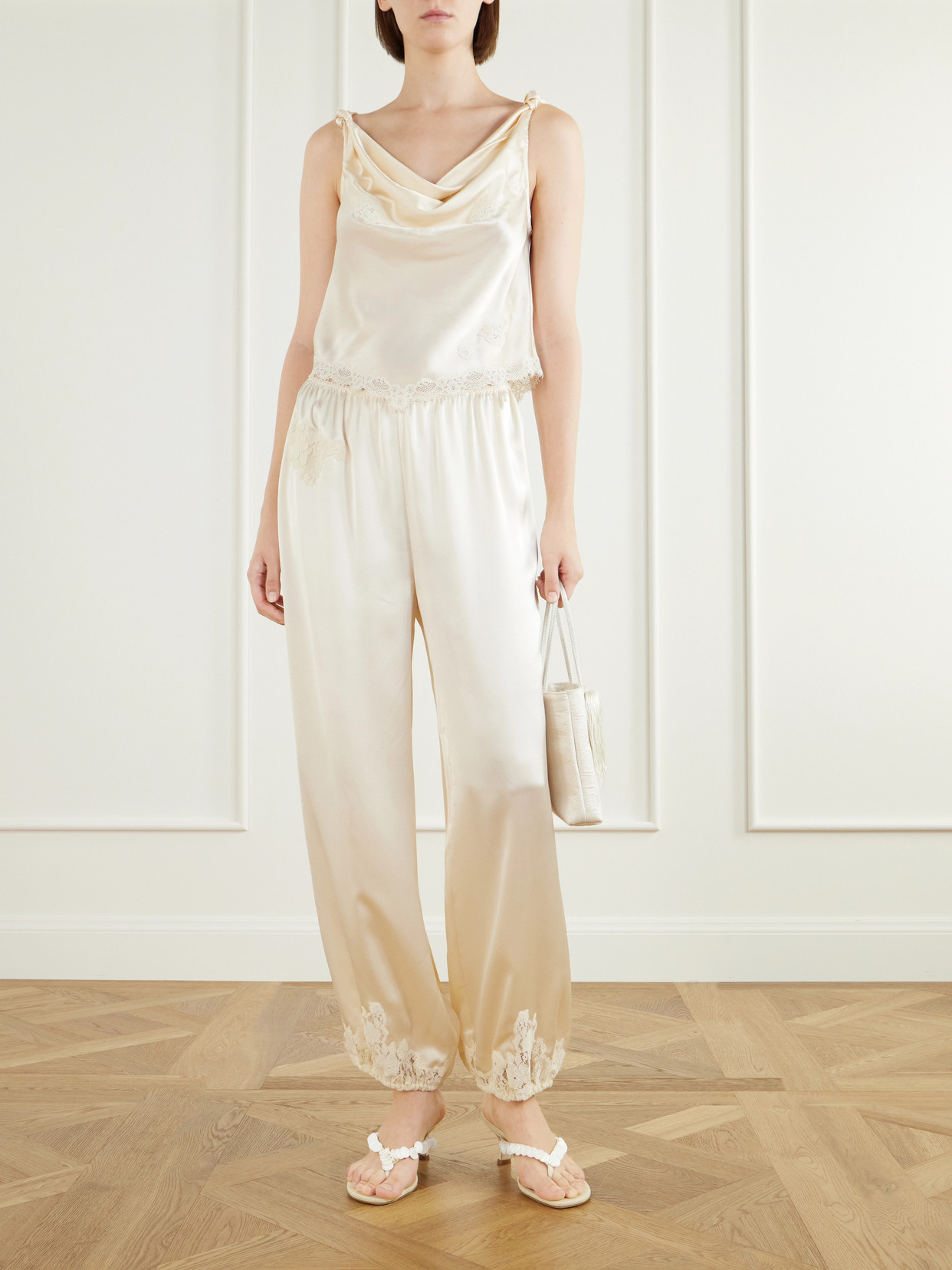 Dôen - Manon Gathered Lace-Trimmed Silk-Satin Top