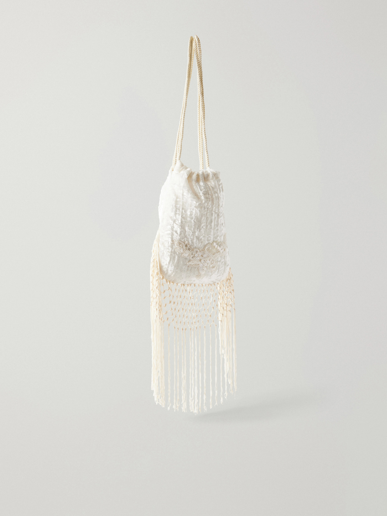 Bead-Embellished Fringe-Trimmed Velvet Shoulder Bag