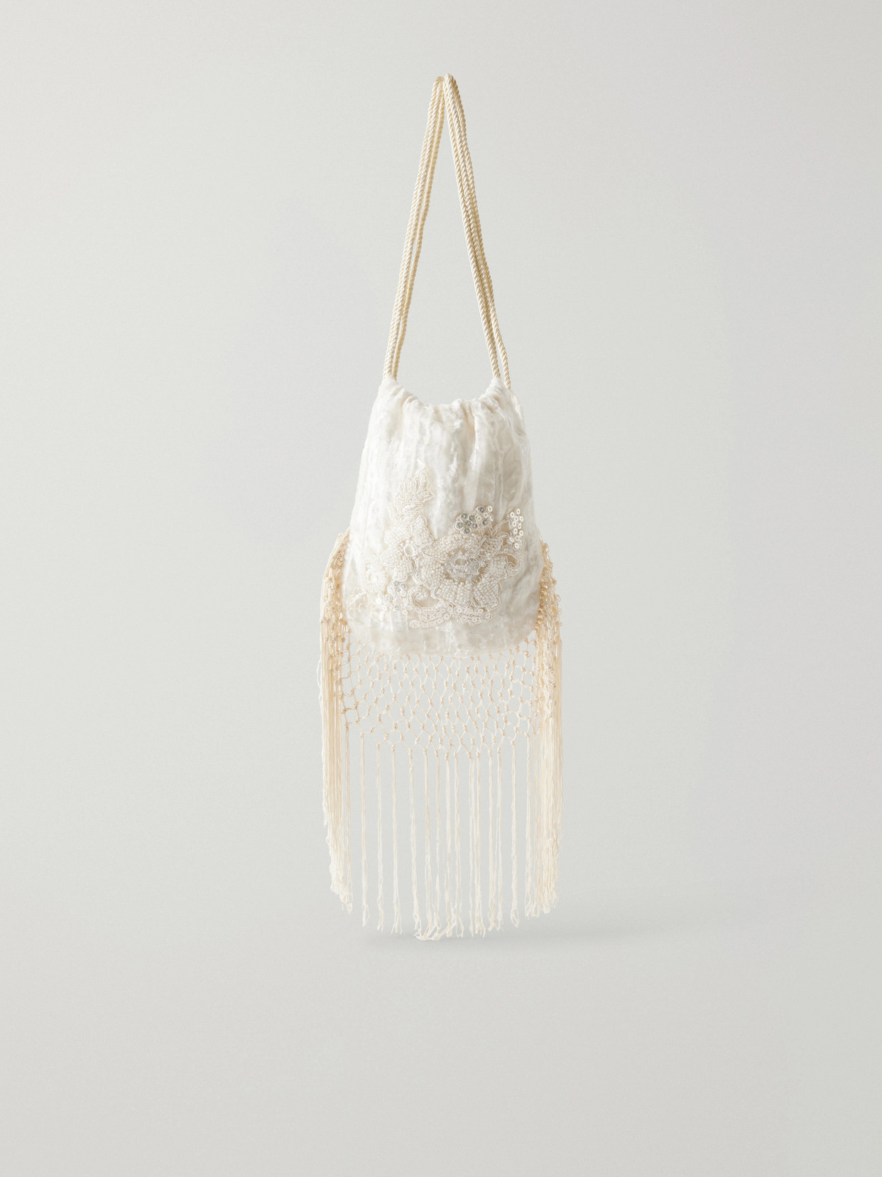 Anna Sui Bead-embellished Fringe-trimmed Velvet Shoulder Bag In Neutrals