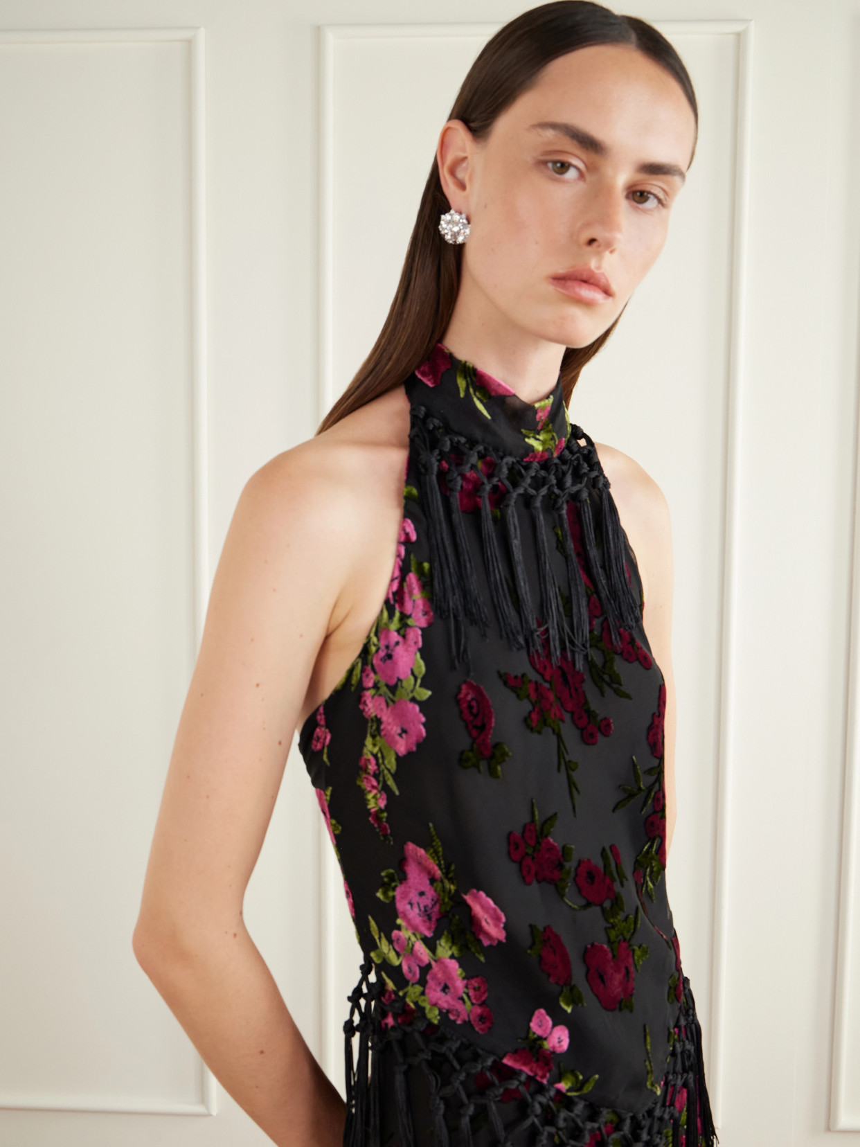 Floral-Flock Fringe-Trimmed Crepe Halterneck Top