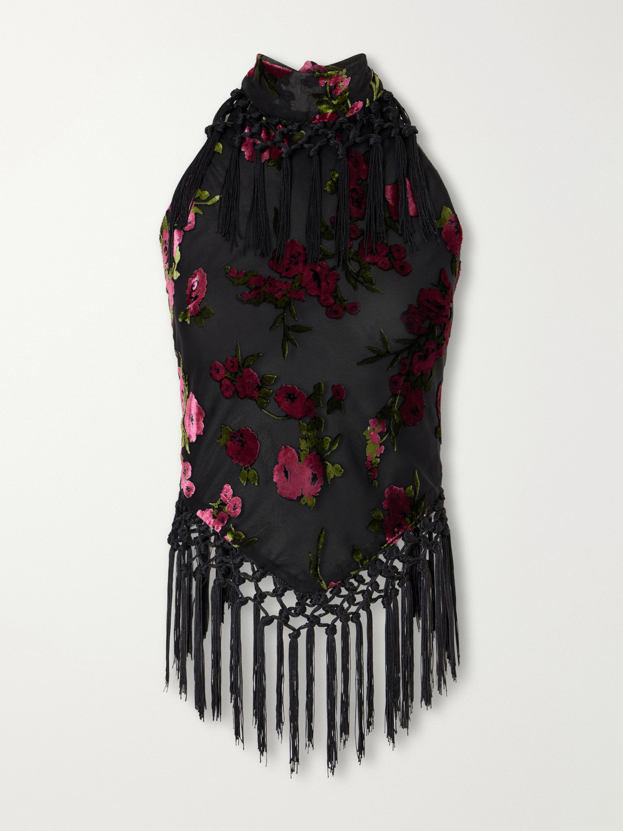 Anna Sui Floral-flock Fringe-trimmed Crepe Halterneck Top In Multi