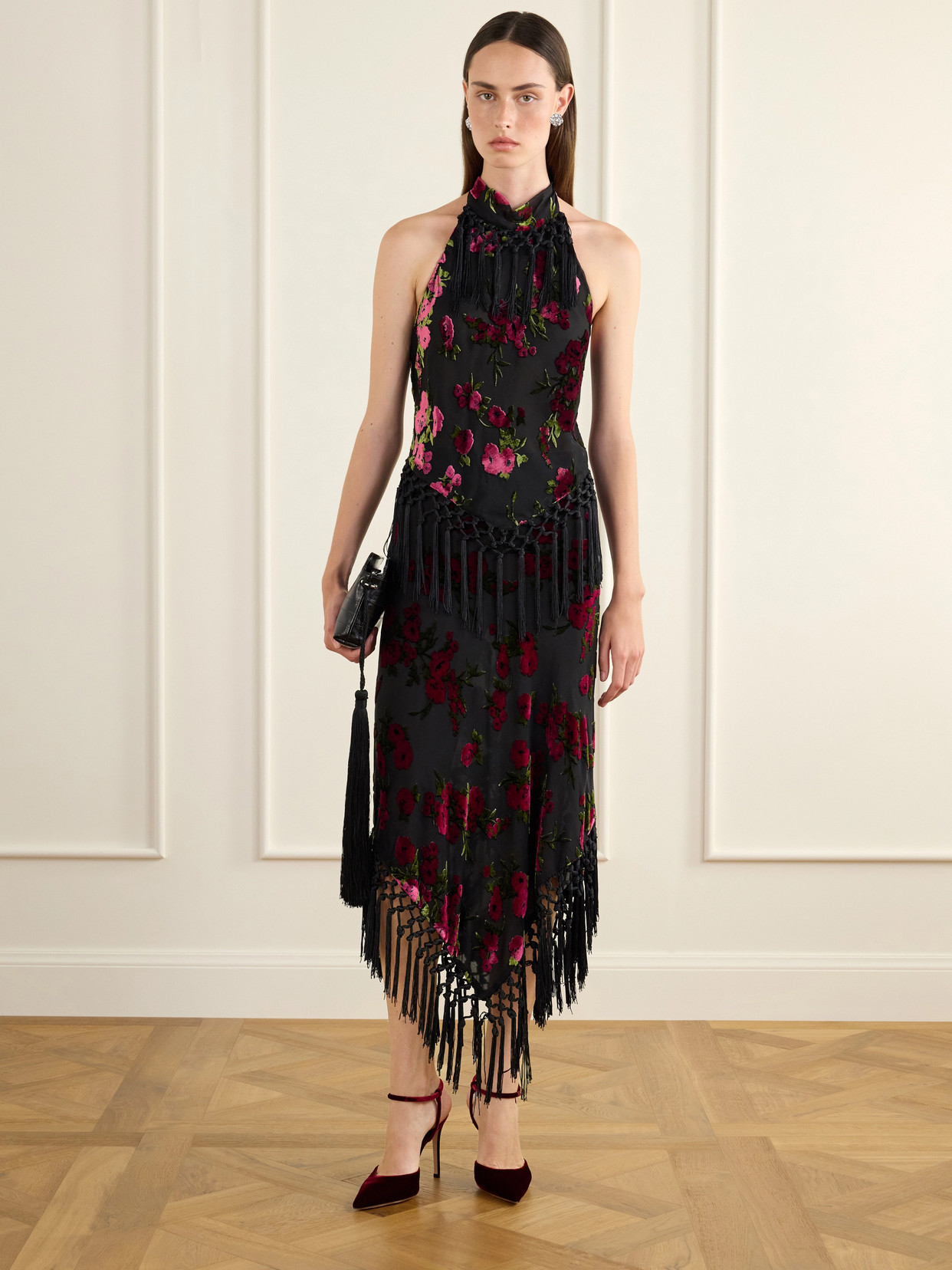 Floral-Flock Fringe-Trimmed Crepe Halterneck Top