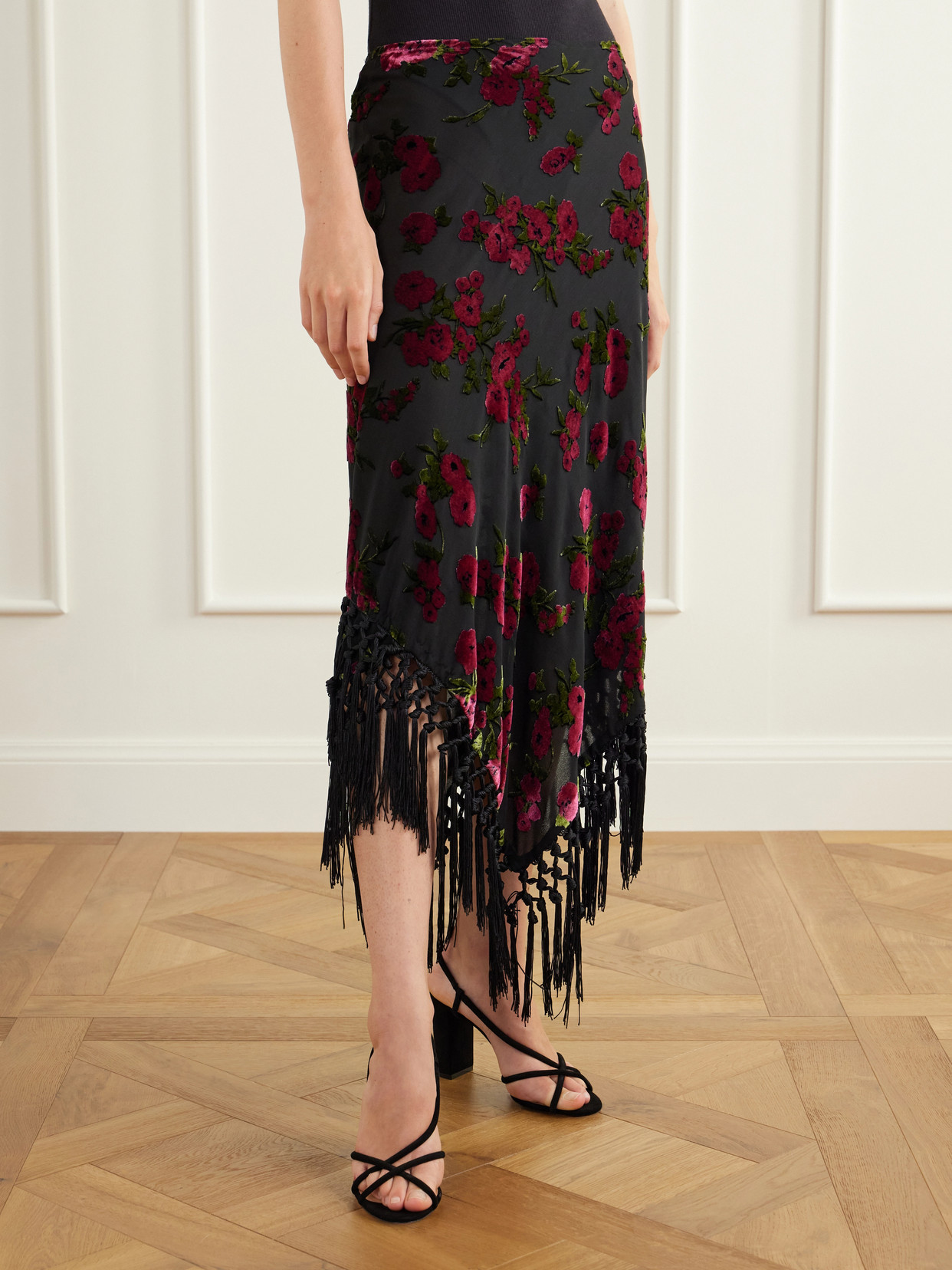 Asymmetric Floral-Flock Fringe-Trimmed Crepe Midi
