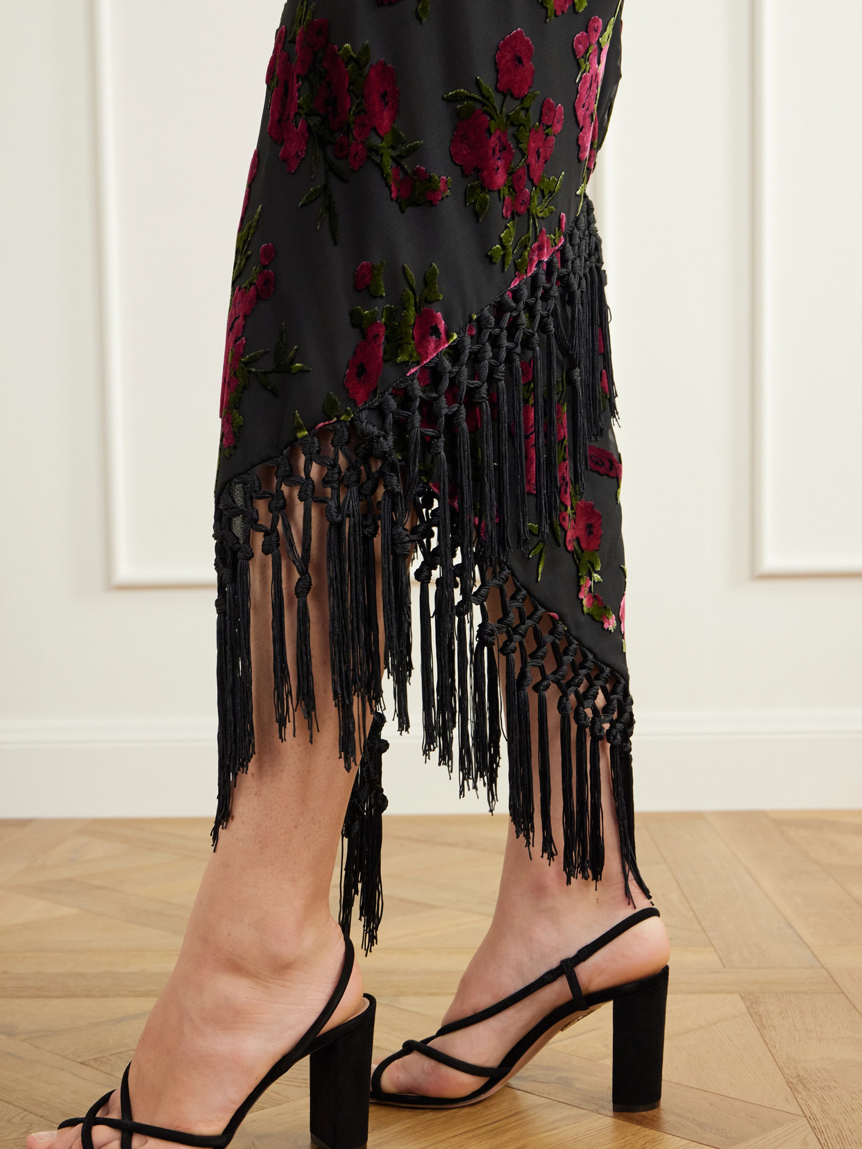 Asymmetric Floral-Flock Fringe-Trimmed Crepe Midi