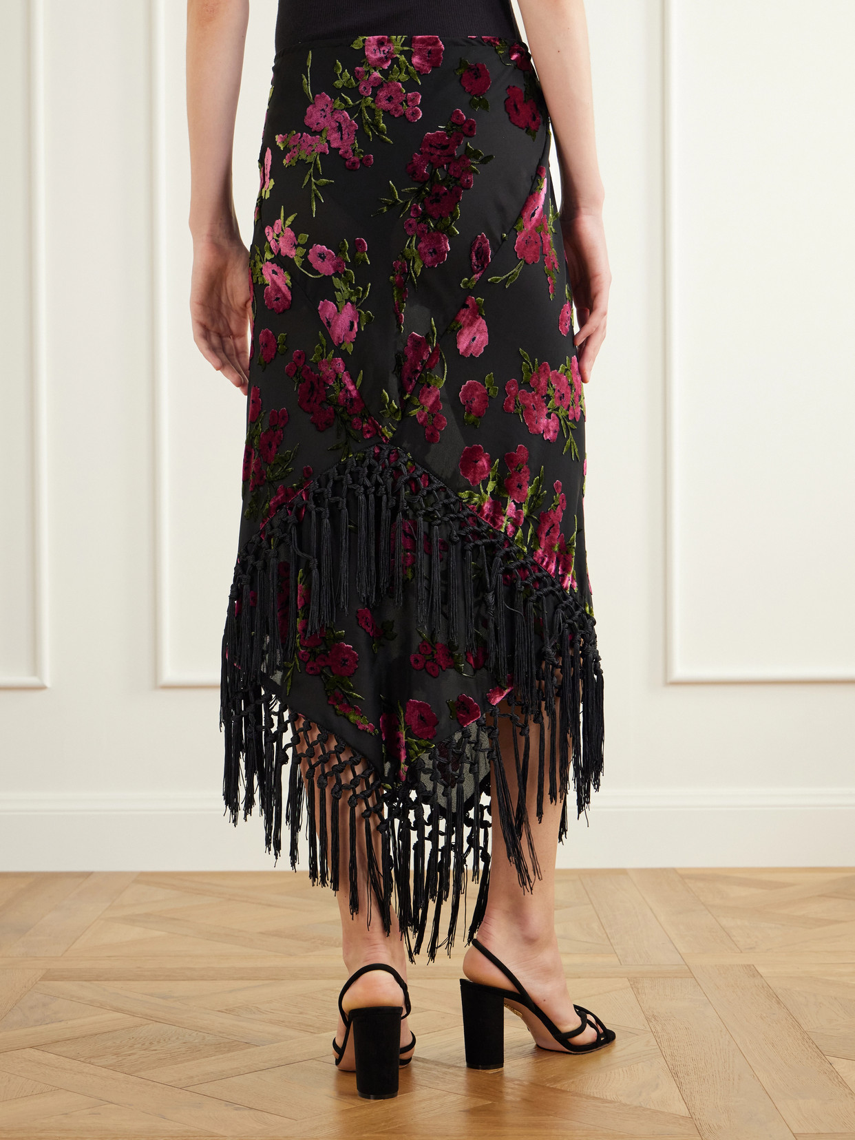 Asymmetric Floral-Flock Fringe-Trimmed Crepe Midi