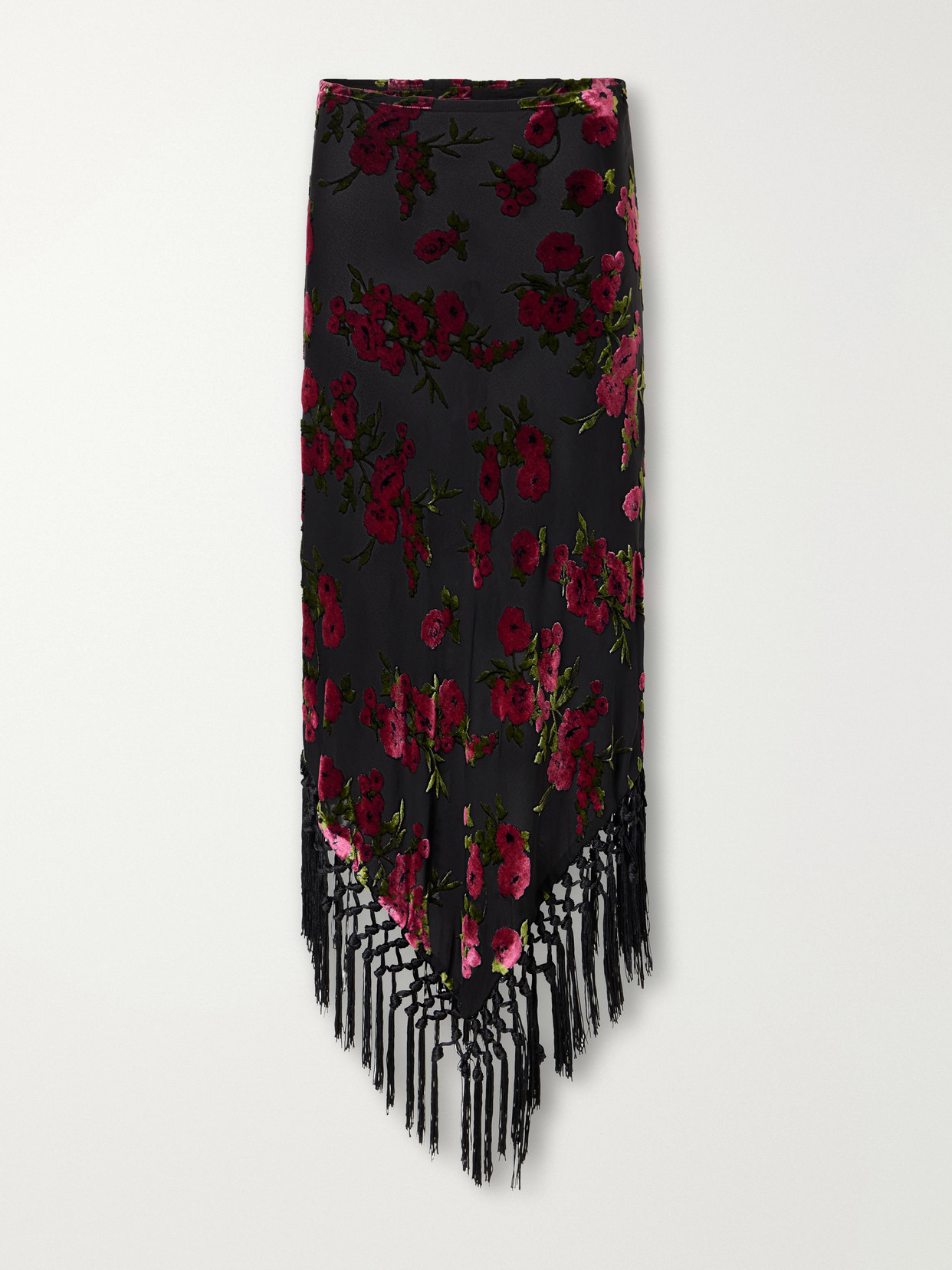 Anna Sui Asymmetric Floral-flock Fringe-trimmed Crepe Midi Skirt In Multi