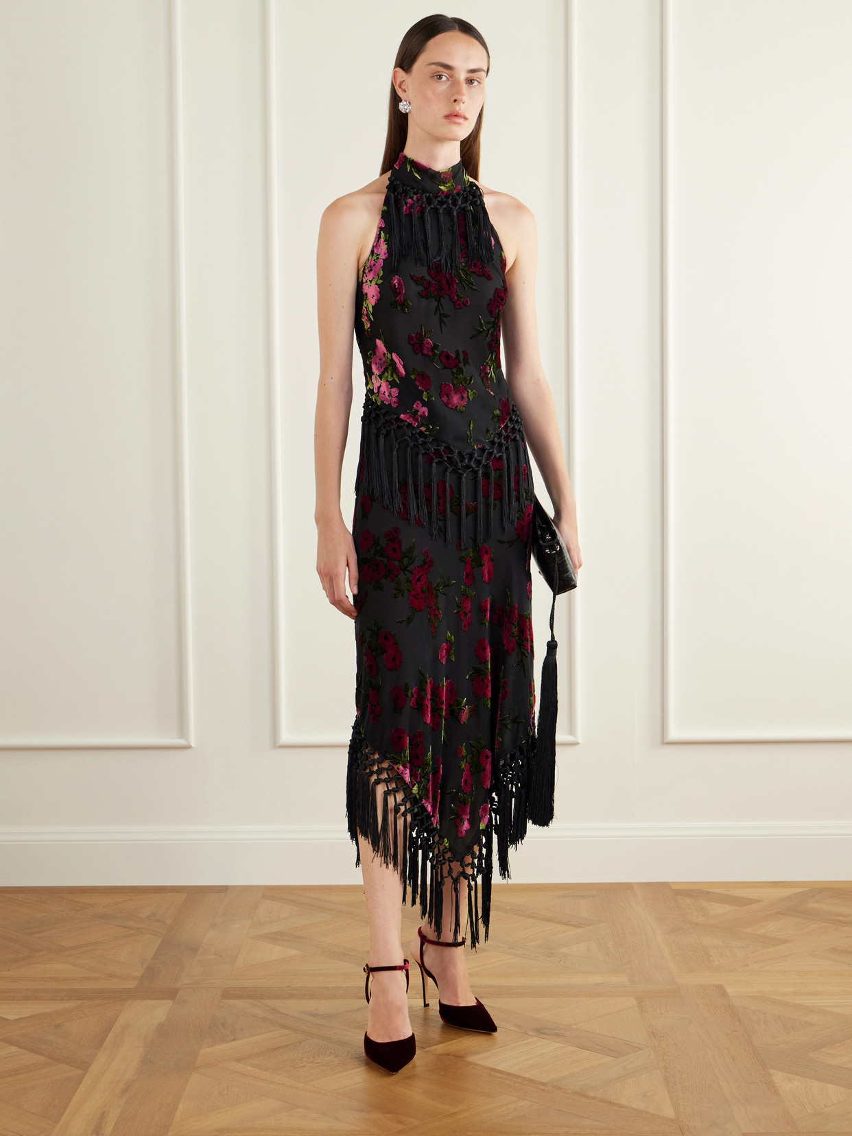 Asymmetric Floral-Flock Fringe-Trimmed Crepe Midi