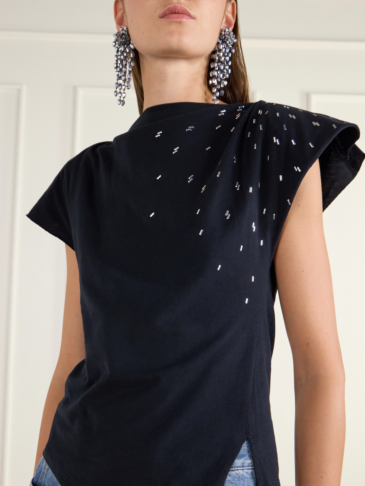Sebani Asymmetric Gathered Bead-Embellished Cotton-Jersey T-Shirt