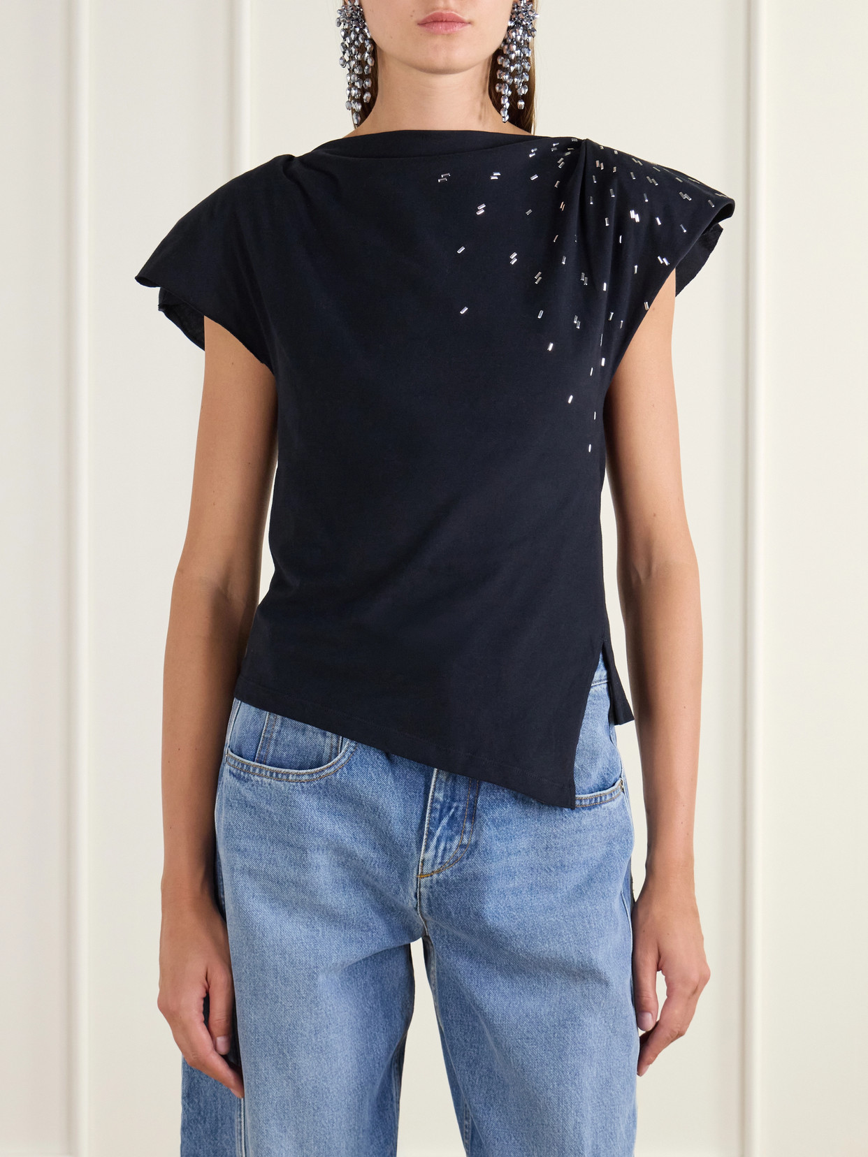Sebani Asymmetric Gathered Bead-Embellished Cotton-Jersey T-Shirt